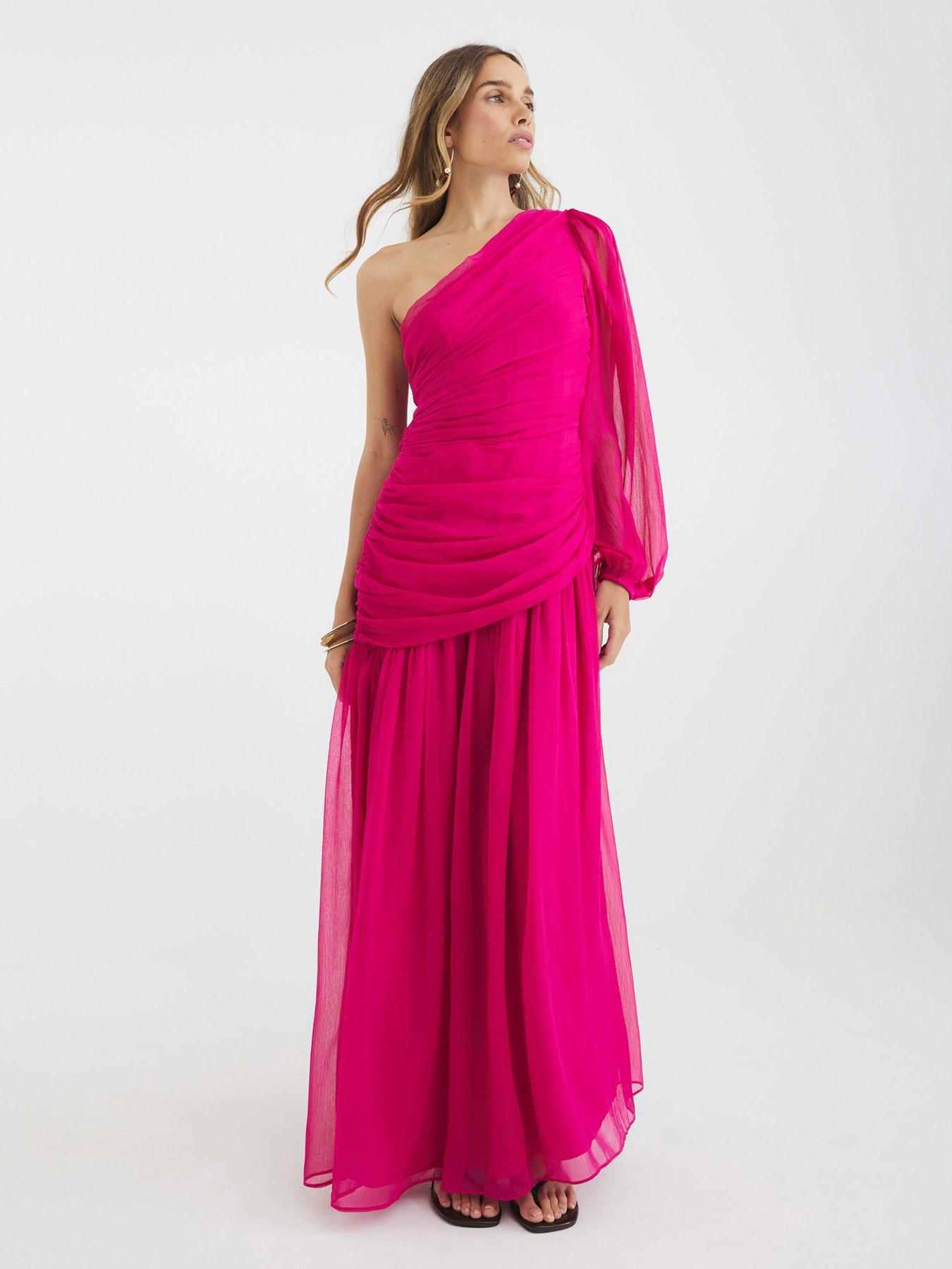 undefined One Shoulder Plisse Midi Dress - Pink