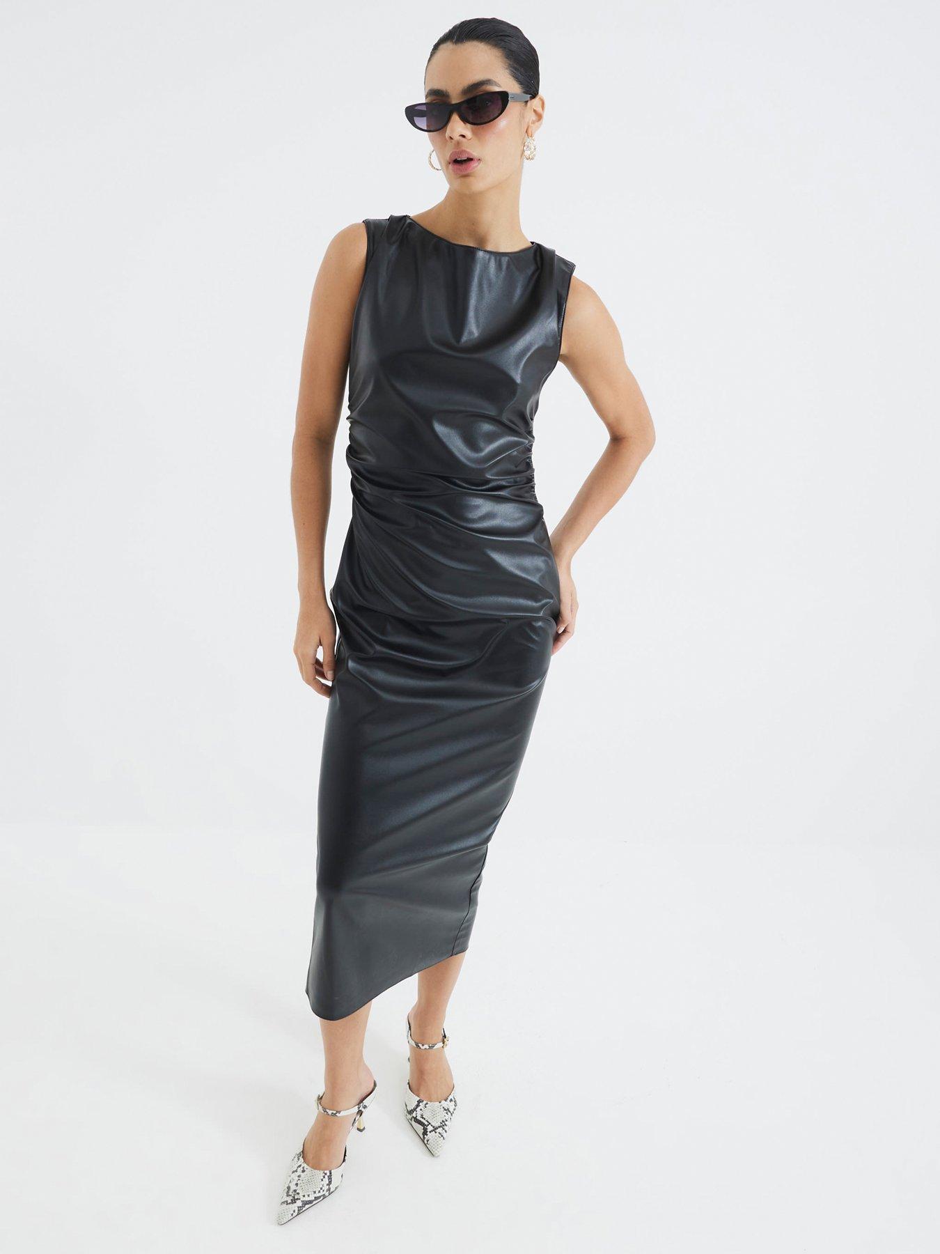 undefined Slash Neck Pleated PU Midi Dress - Black