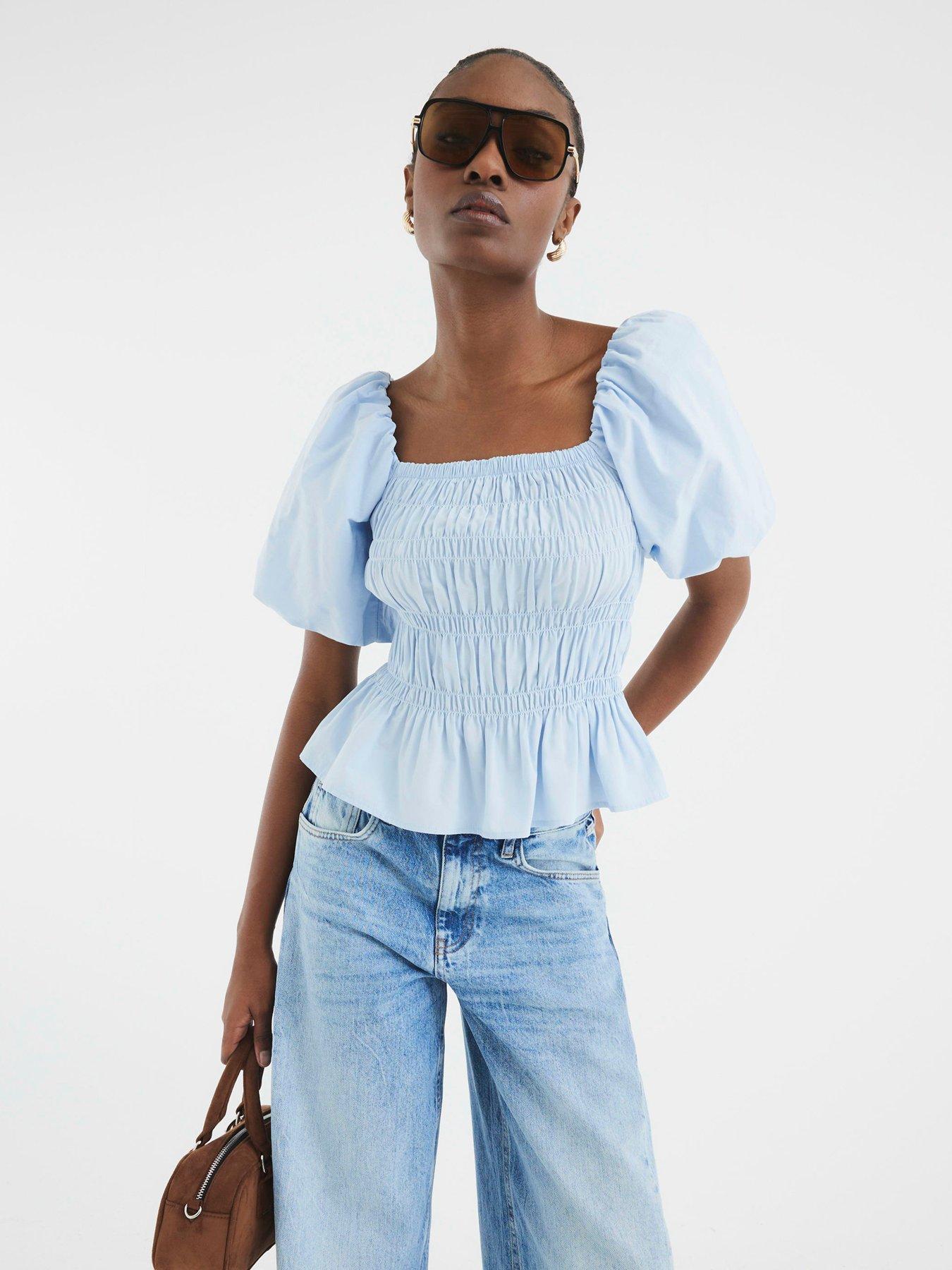 River Island Puff Sleeve Shirred Top - Blue