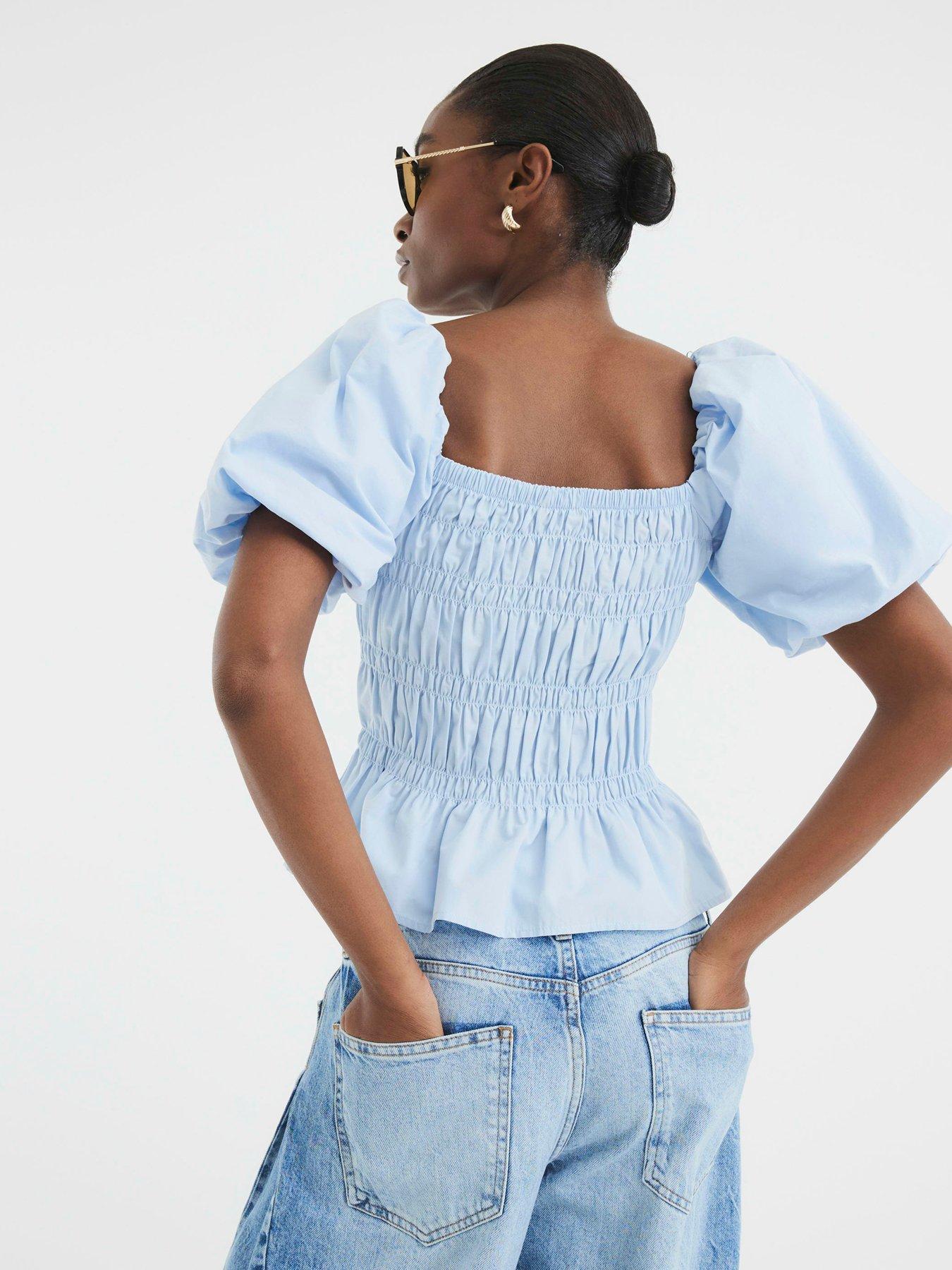  image of river-island-puff-sleeve-shirred-top-blue