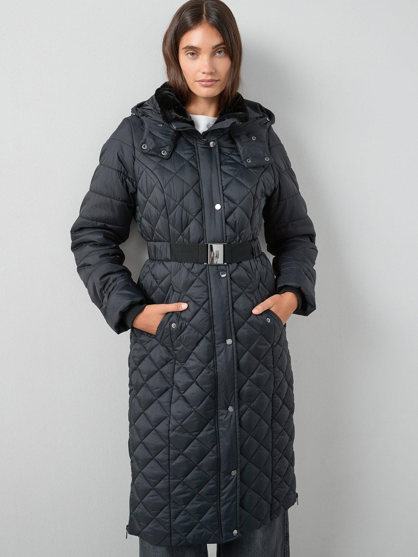 undefined Faux Fur Trim Belted Lightweight Padded Coat - Black