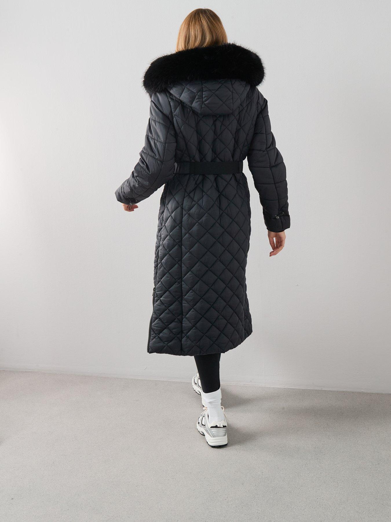  image of v-by-very-faux-fur-trim-belted-padded-coat-black