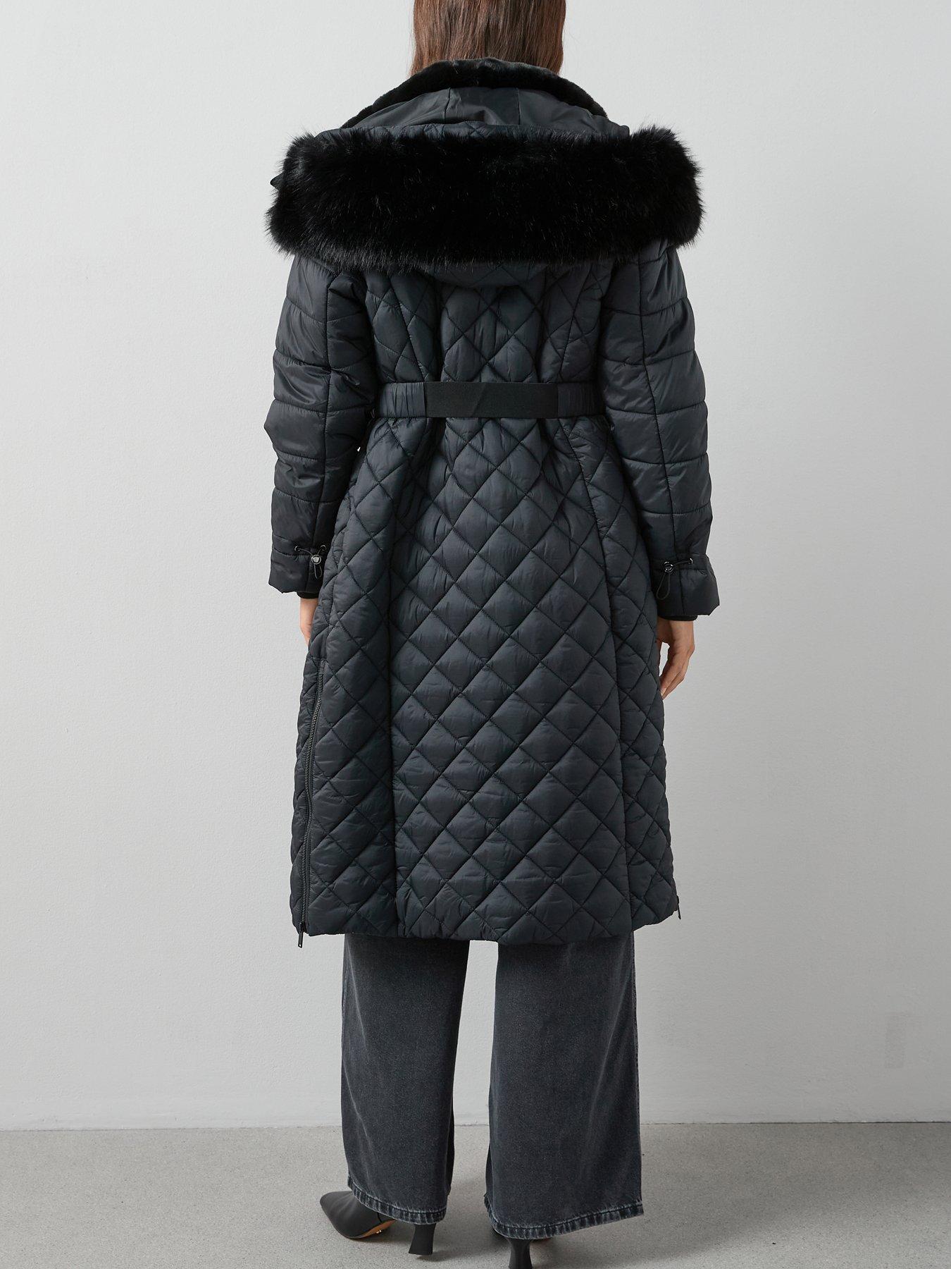 Image 2 of 6 of V by Very Faux Fur Trim Belted Lightweight Padded Coat - Black