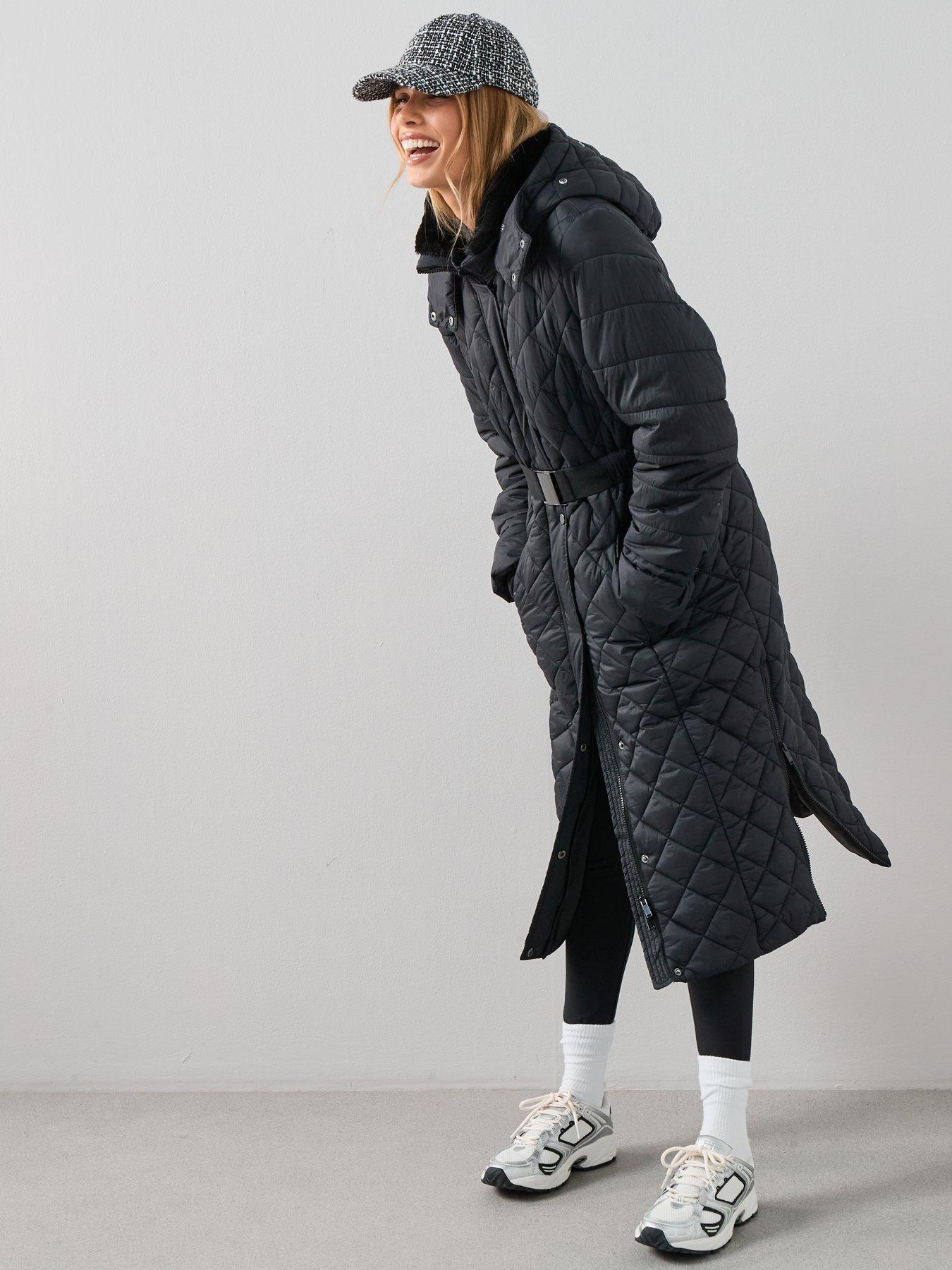  image of v-by-very-faux-fur-trim-belted-padded-coat-black