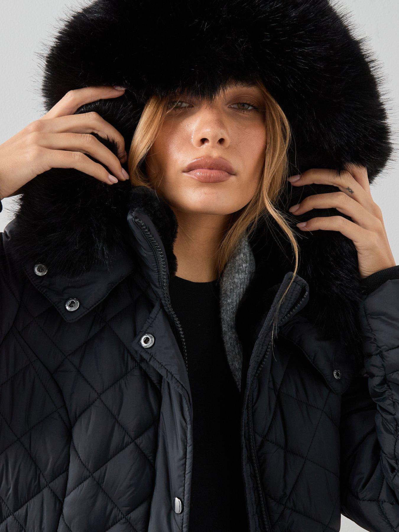  image of v-by-very-faux-fur-trim-belted-padded-coat-black