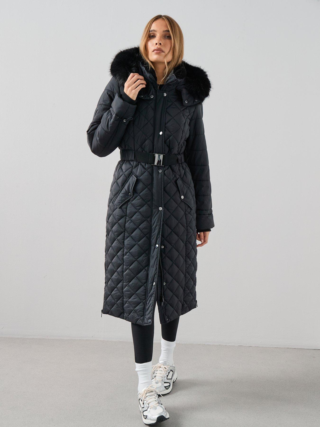  image of v-by-very-faux-fur-trim-belted-padded-coat-black