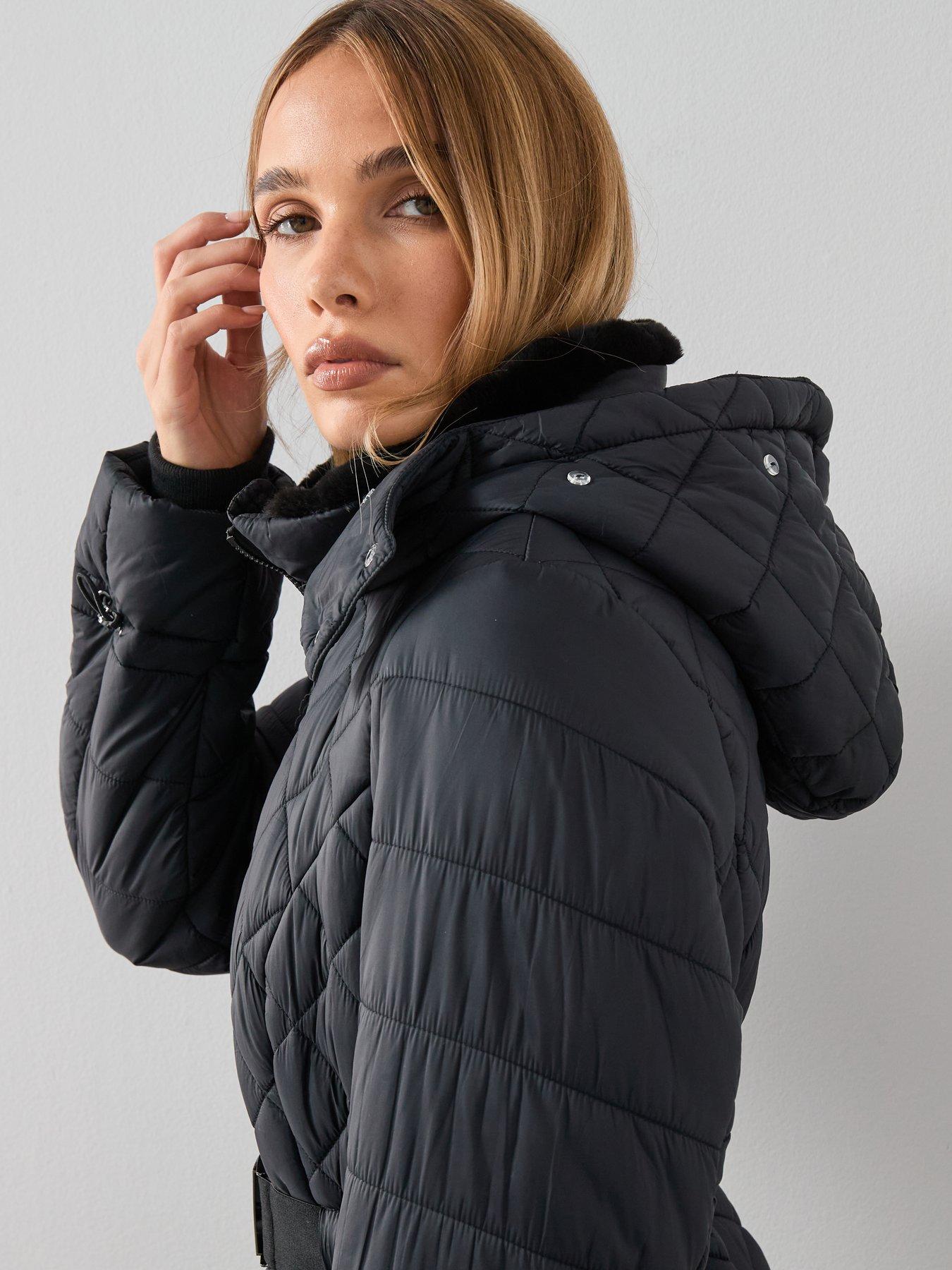  image of v-by-very-faux-fur-trim-belted-padded-coat-black