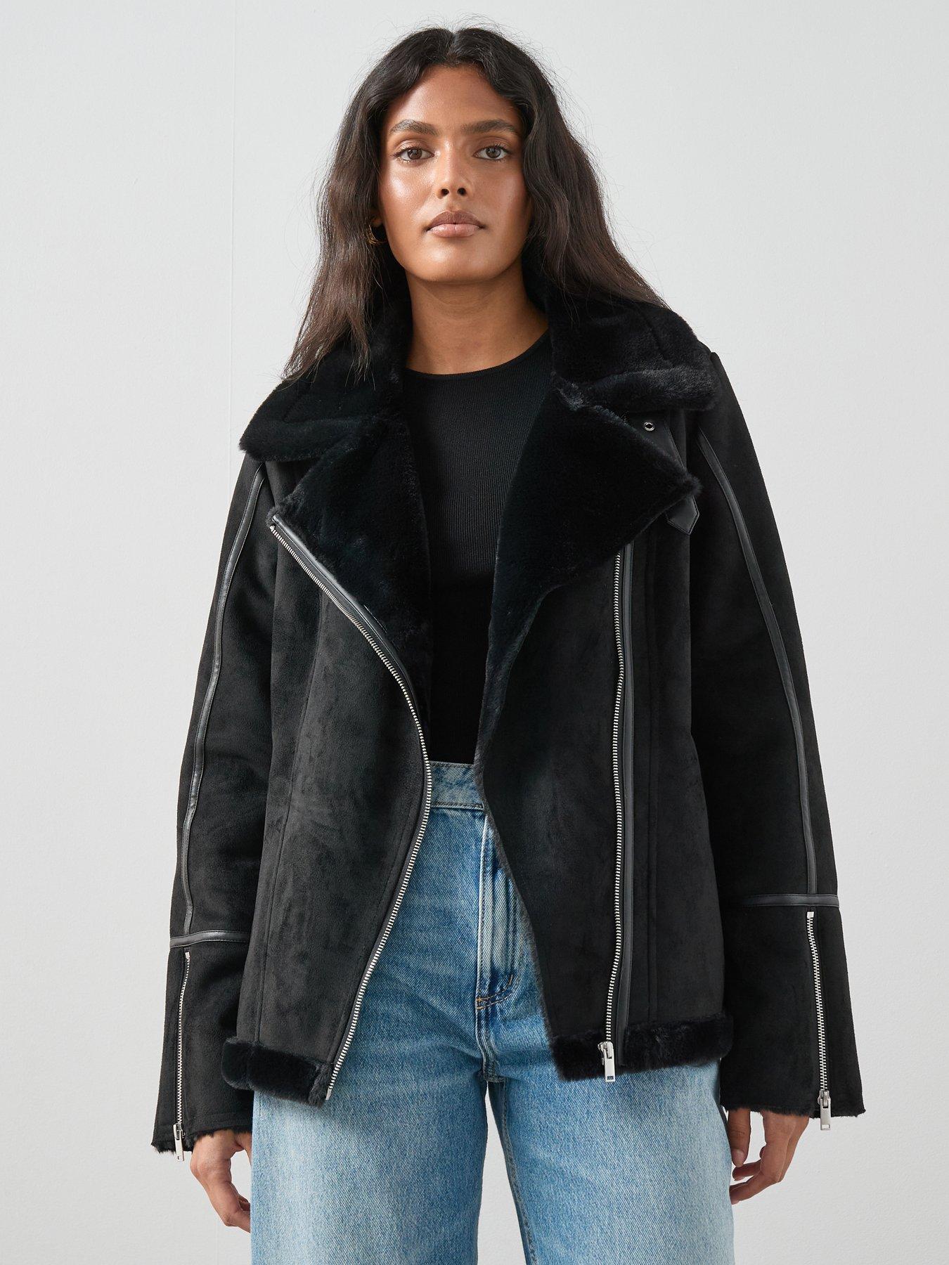 undefined Faux Shearling Aviator Jacket - Black