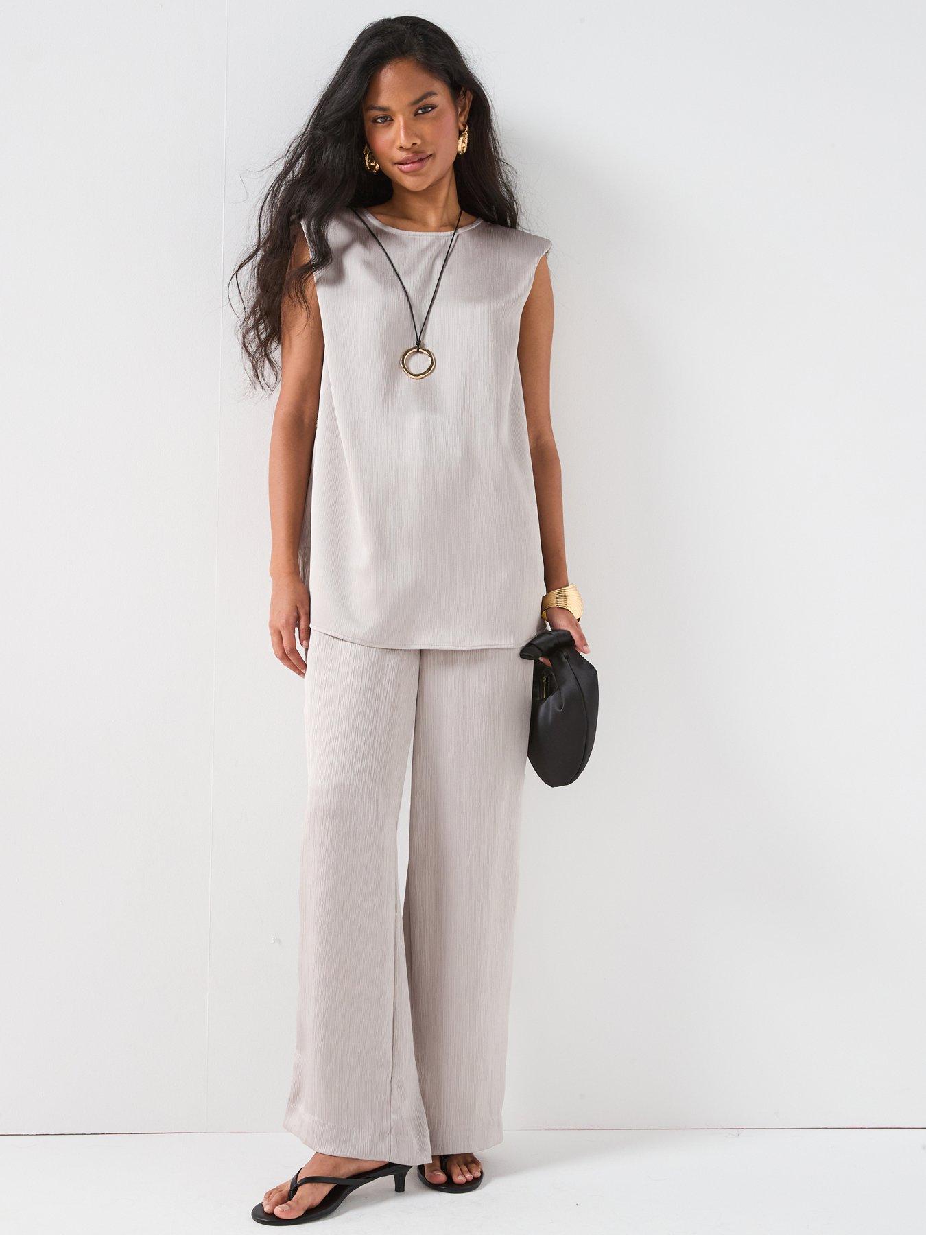 undefined Satin Pleated Sleeveless Vest with Rope Tie Waist Belt - Grey