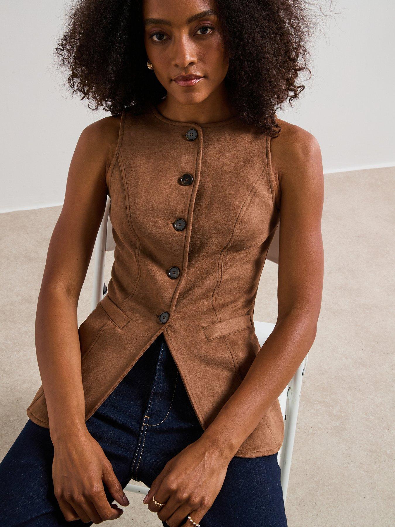  image of v-by-very-faux-suede-round-neck-waistcoat-brown