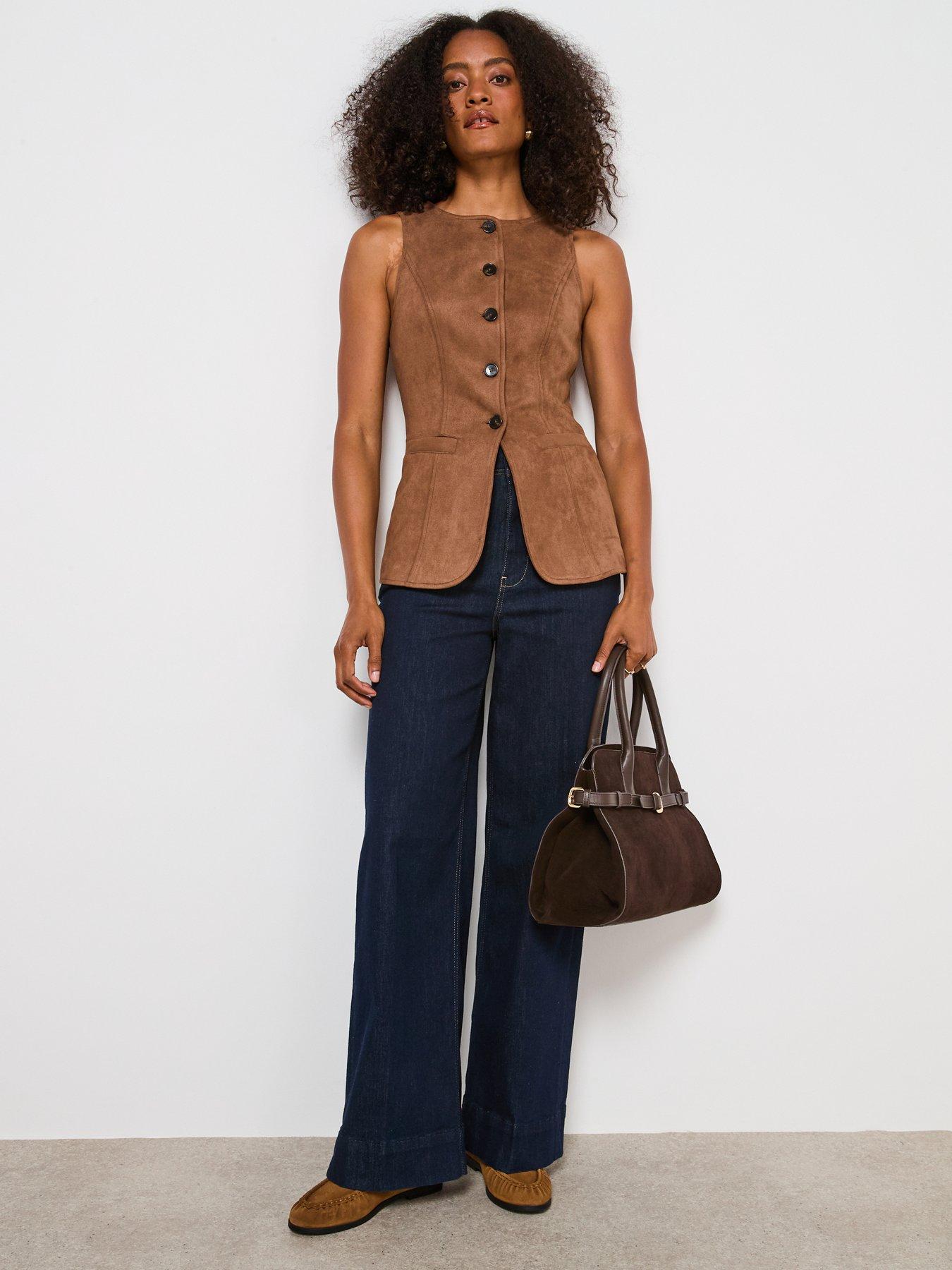  image of v-by-very-faux-suede-round-neck-waistcoat-brown
