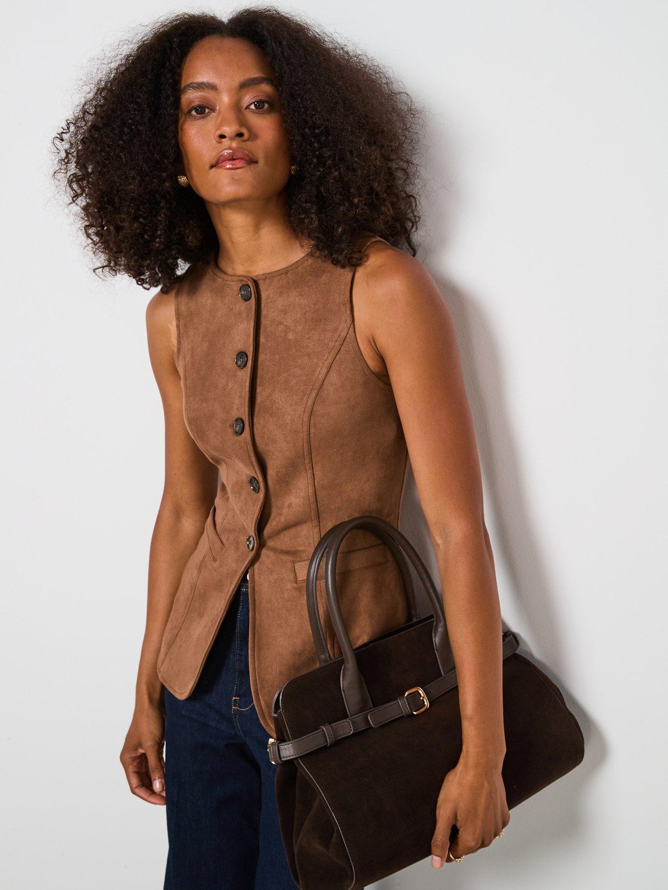  image of v-by-very-faux-suede-round-neck-waistcoat-brown
