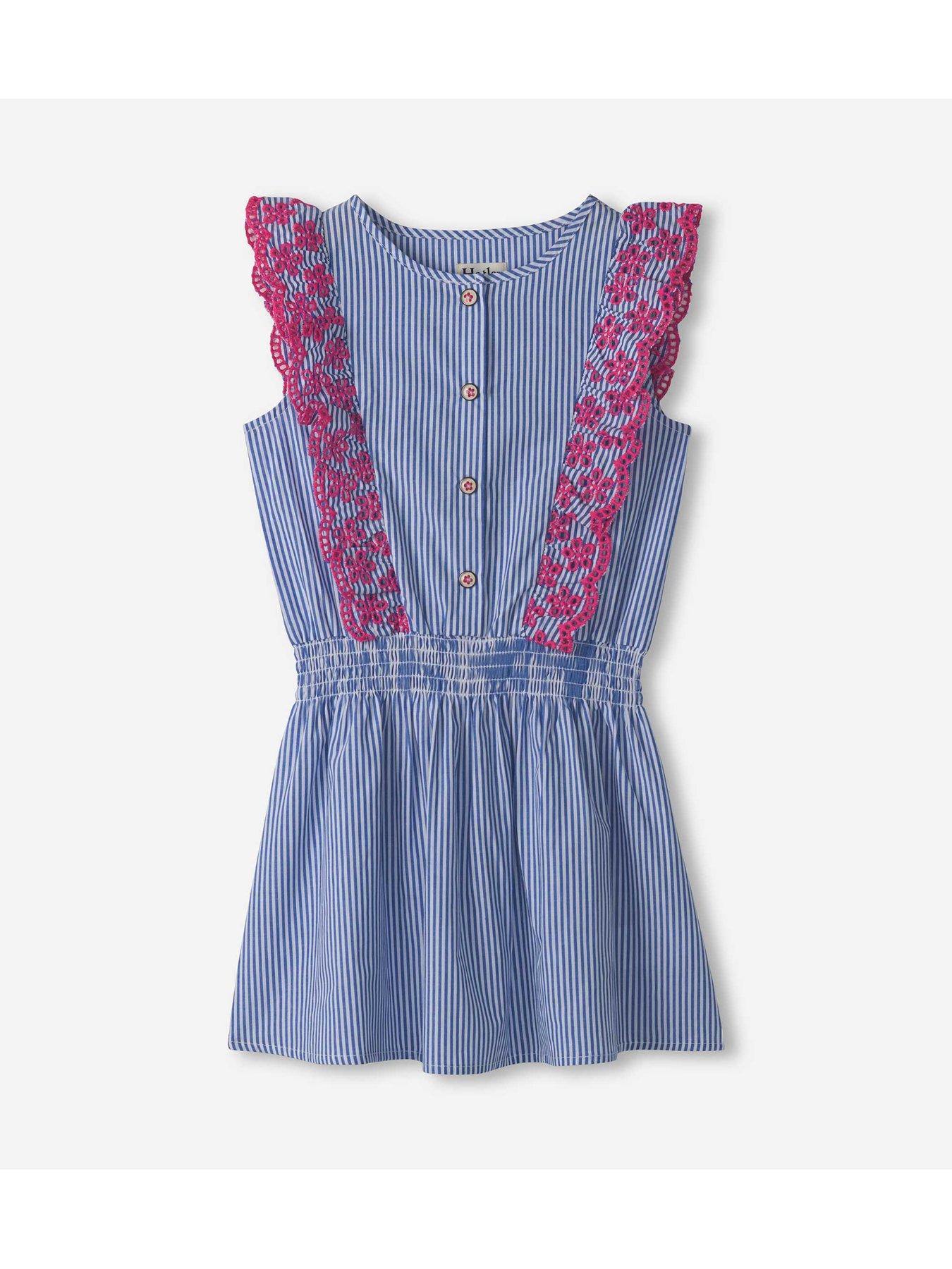 stillFront image of hatley-girls-pinstripe-scallop-ruffle-dress-blue