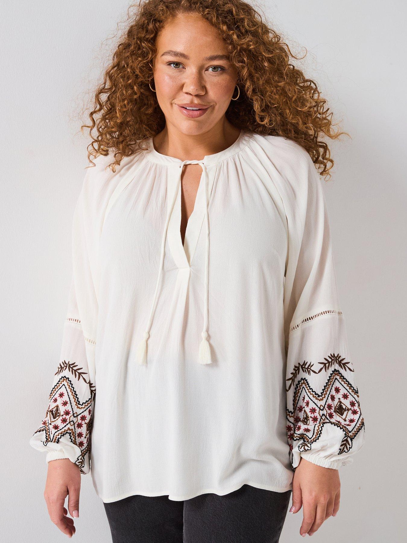 V by Very Curve Embroidered Long Sleeve Tassel Trim Blouse - Cream