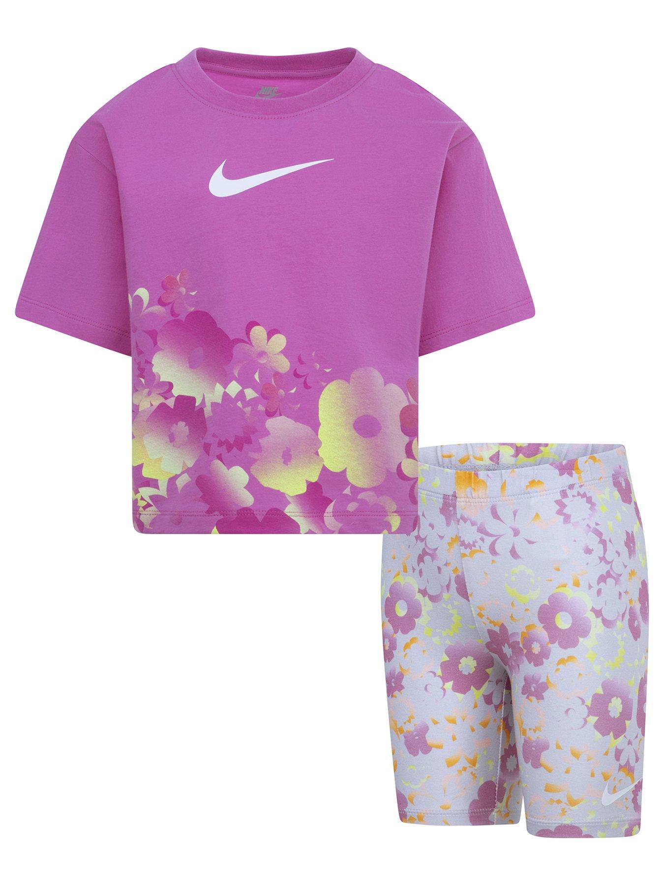 Nike Kids Girls Floral S/s T-shirt And Bike Short Set Pink