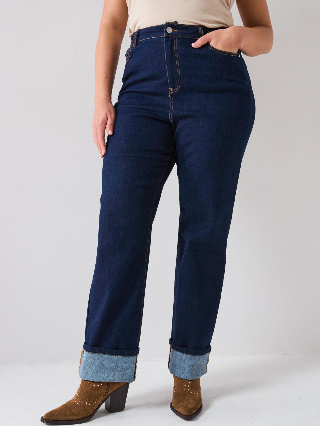 V by Very Curve High Waisted Stretch Turn Up Straight Leg Jean - Dark Blue