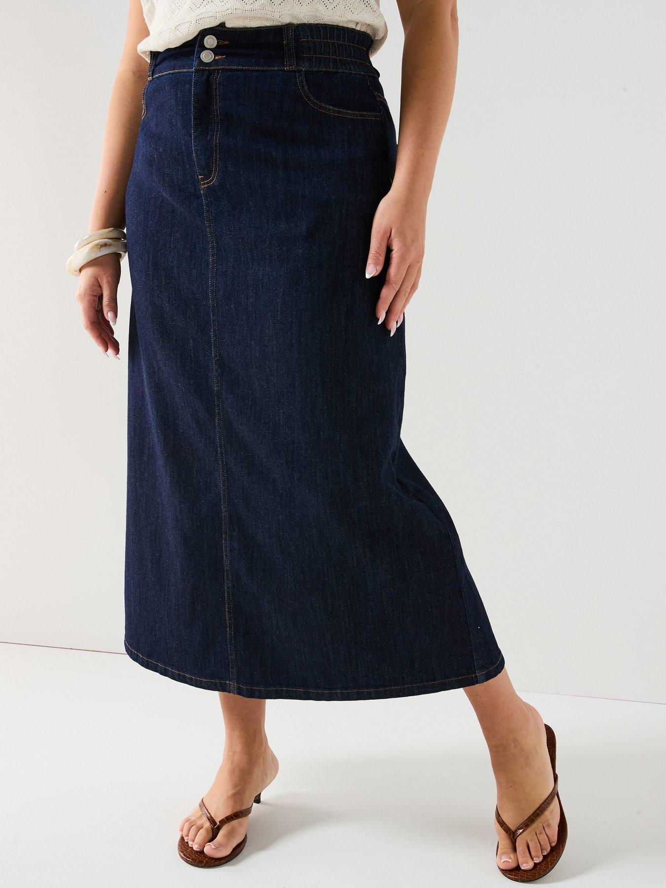 undefined Elasticated Waist A Line Denim Midi Skirt - Dark Blue