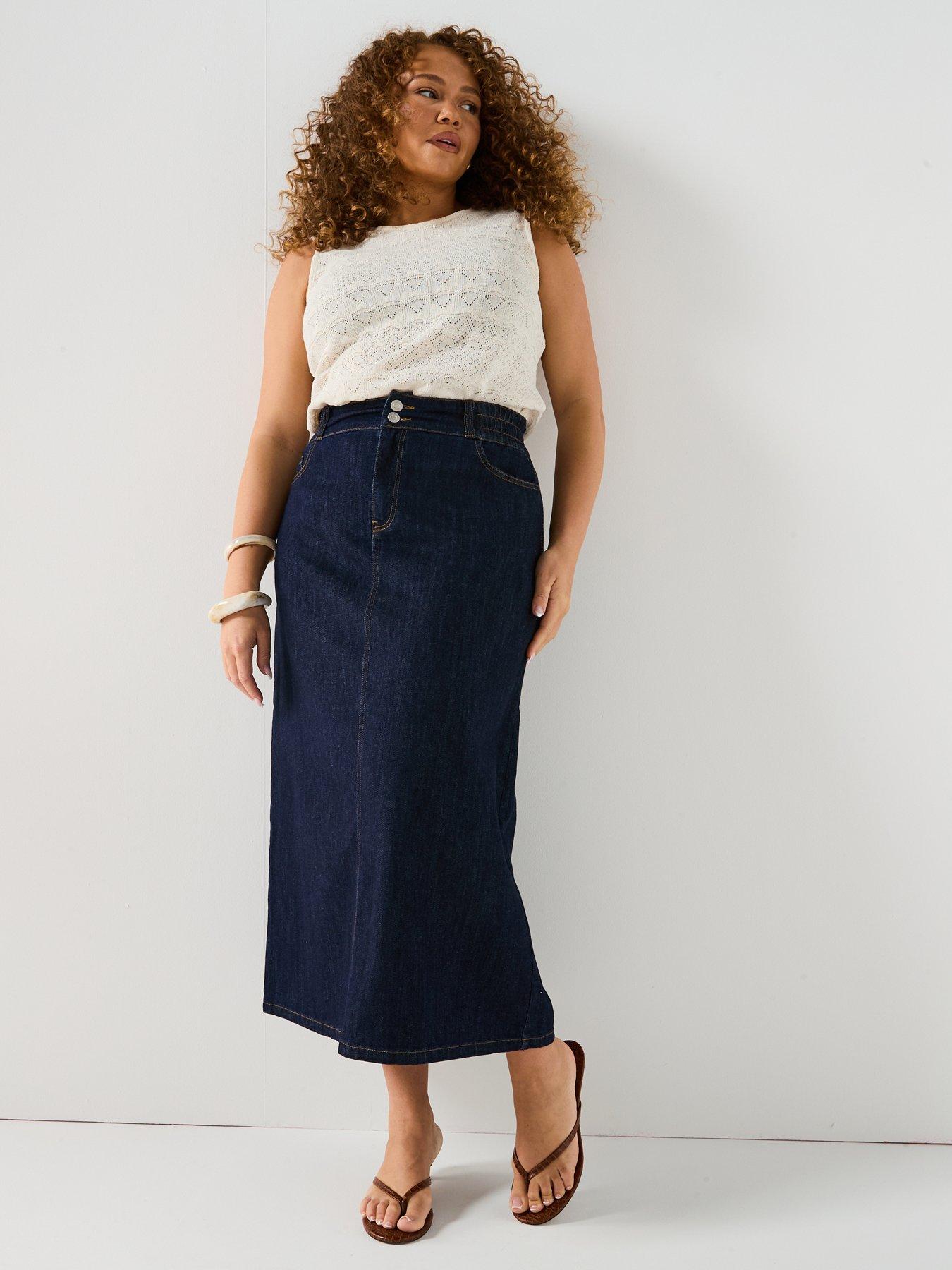 Navy Blue Denim Gathered Midi Skirt with Wide Elasticated Waistband