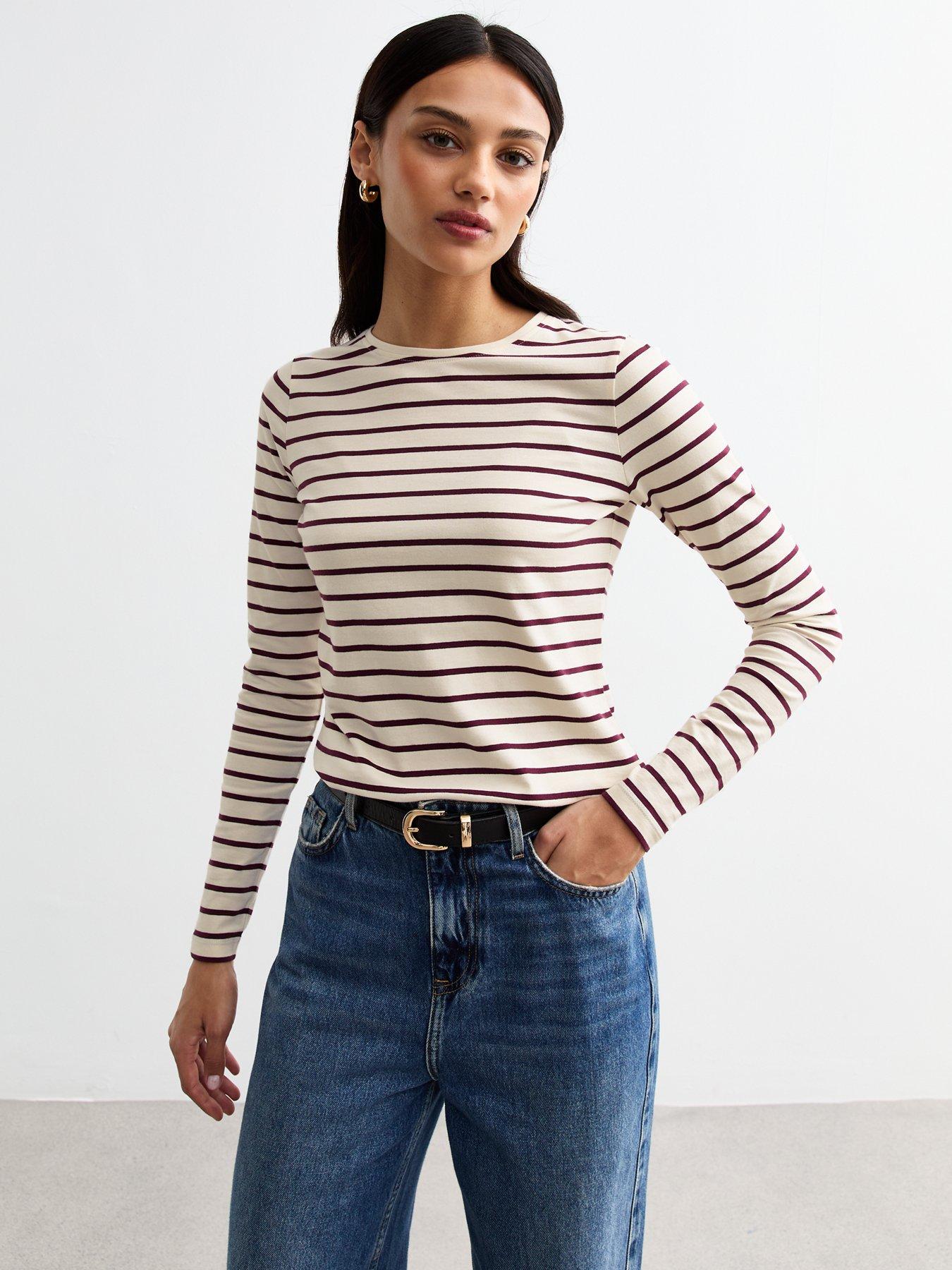 undefined Cream Striped Long Sleeve Top