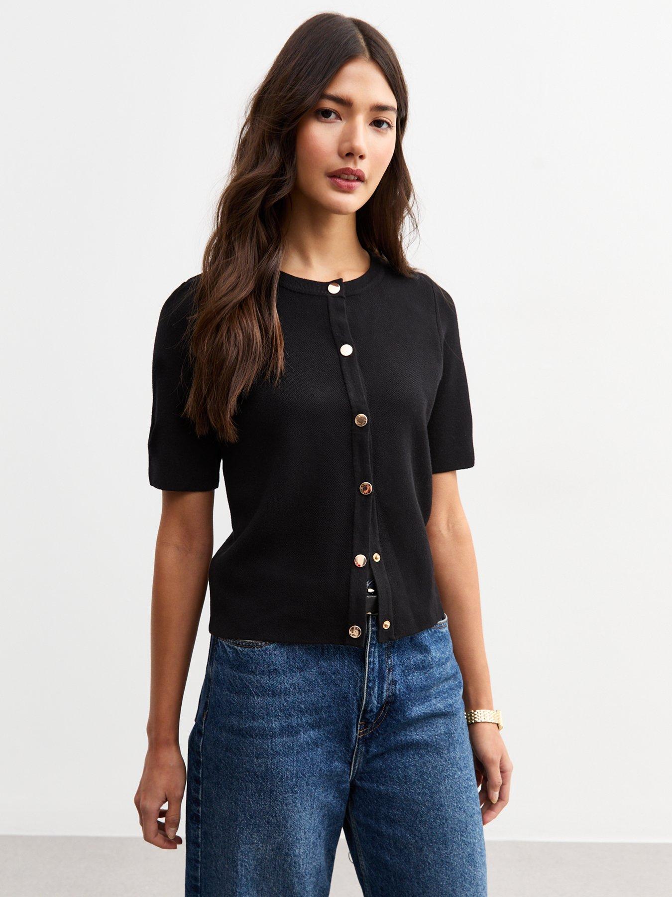  image of new-look-knit-short-sleeve-cardigan-black