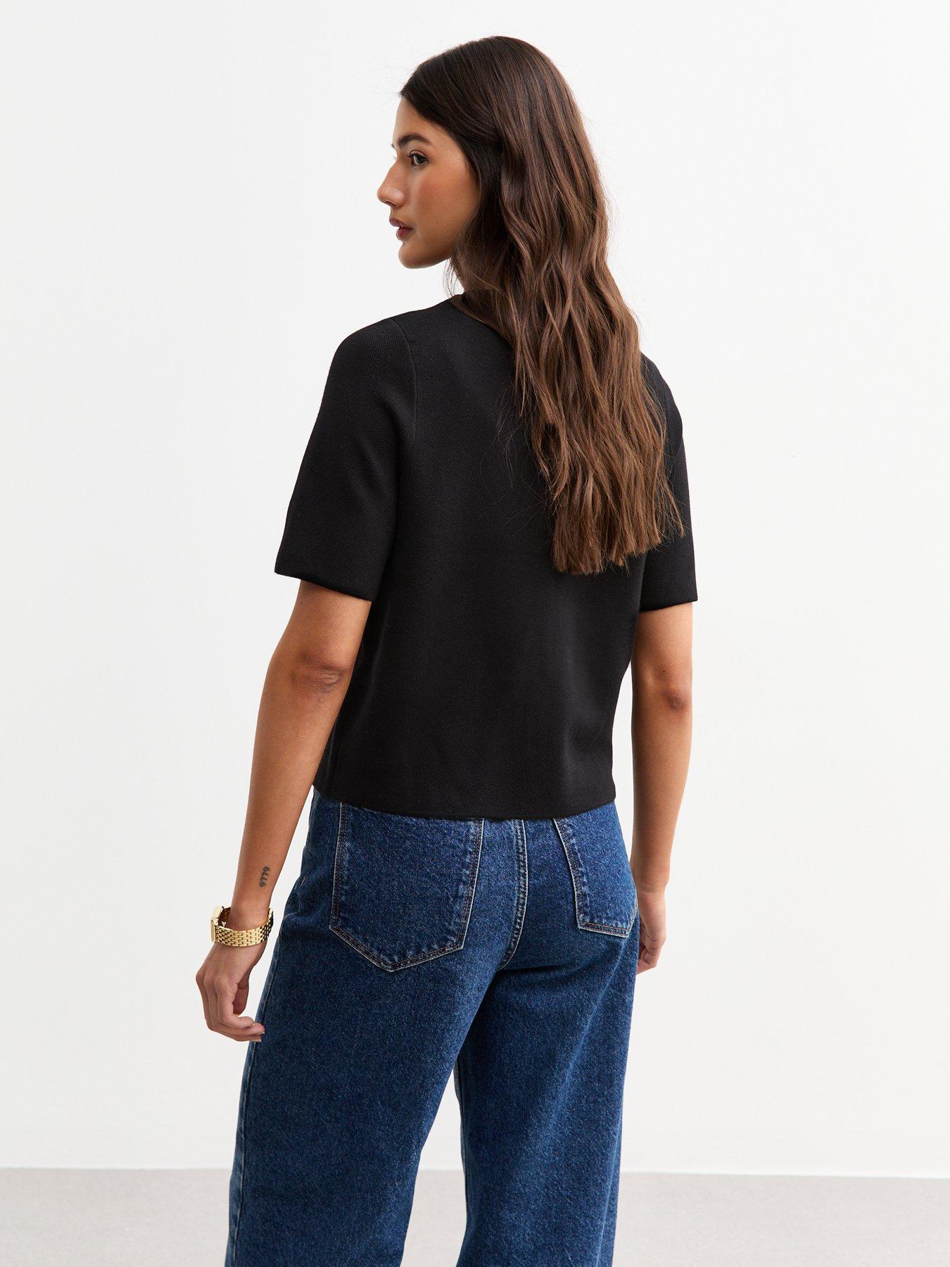  image of new-look-knit-short-sleeve-cardigan-black