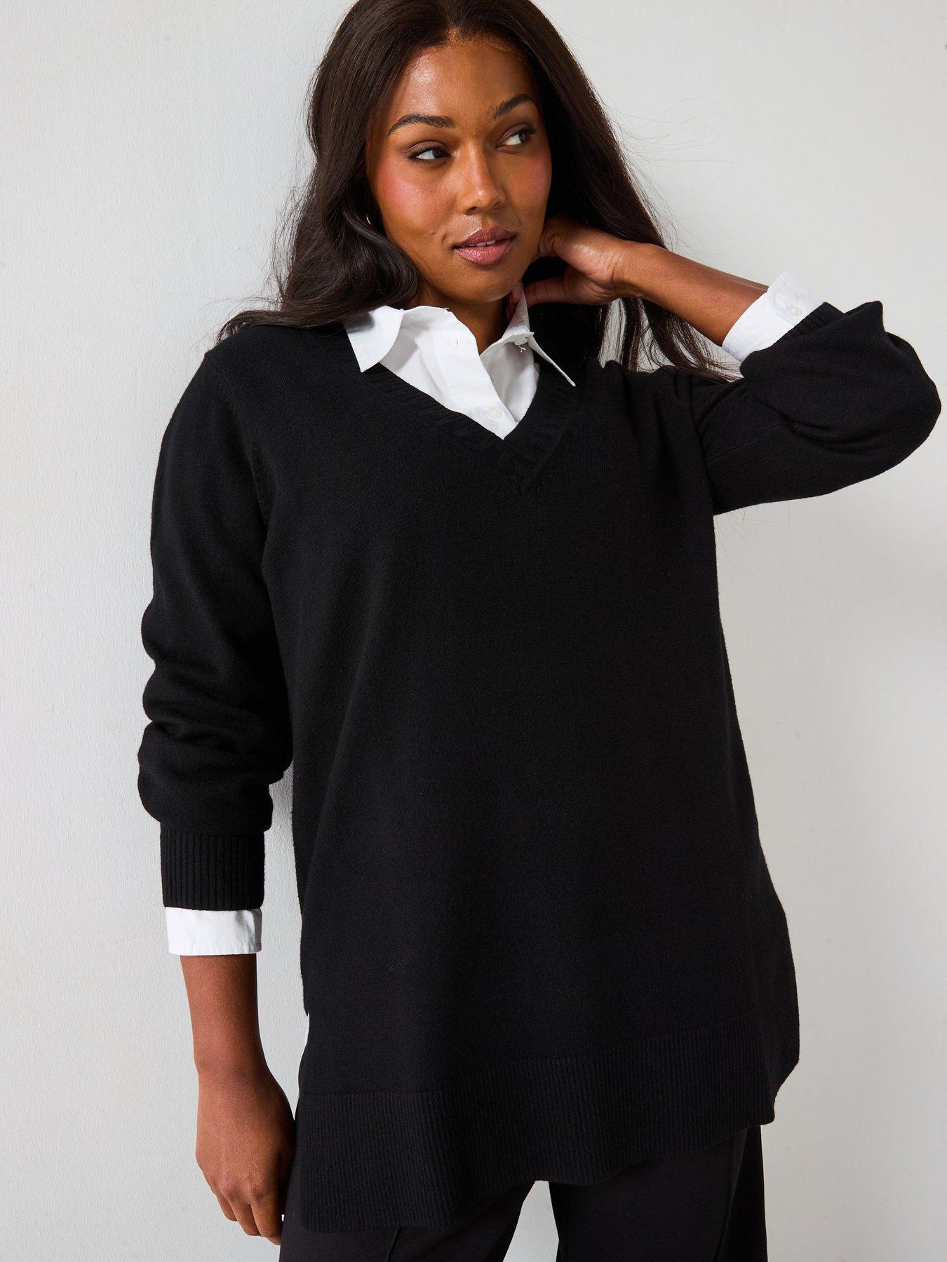 undefined V Neck Split Hem Longline Jumper - Black