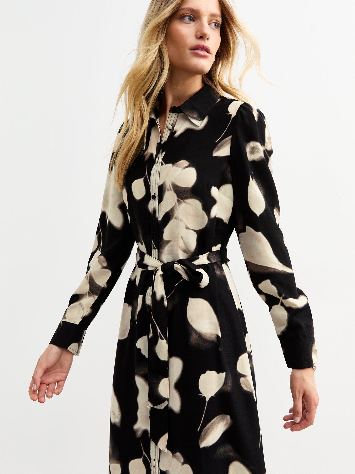  image of new-look-floral-print-shirt-dress-black
