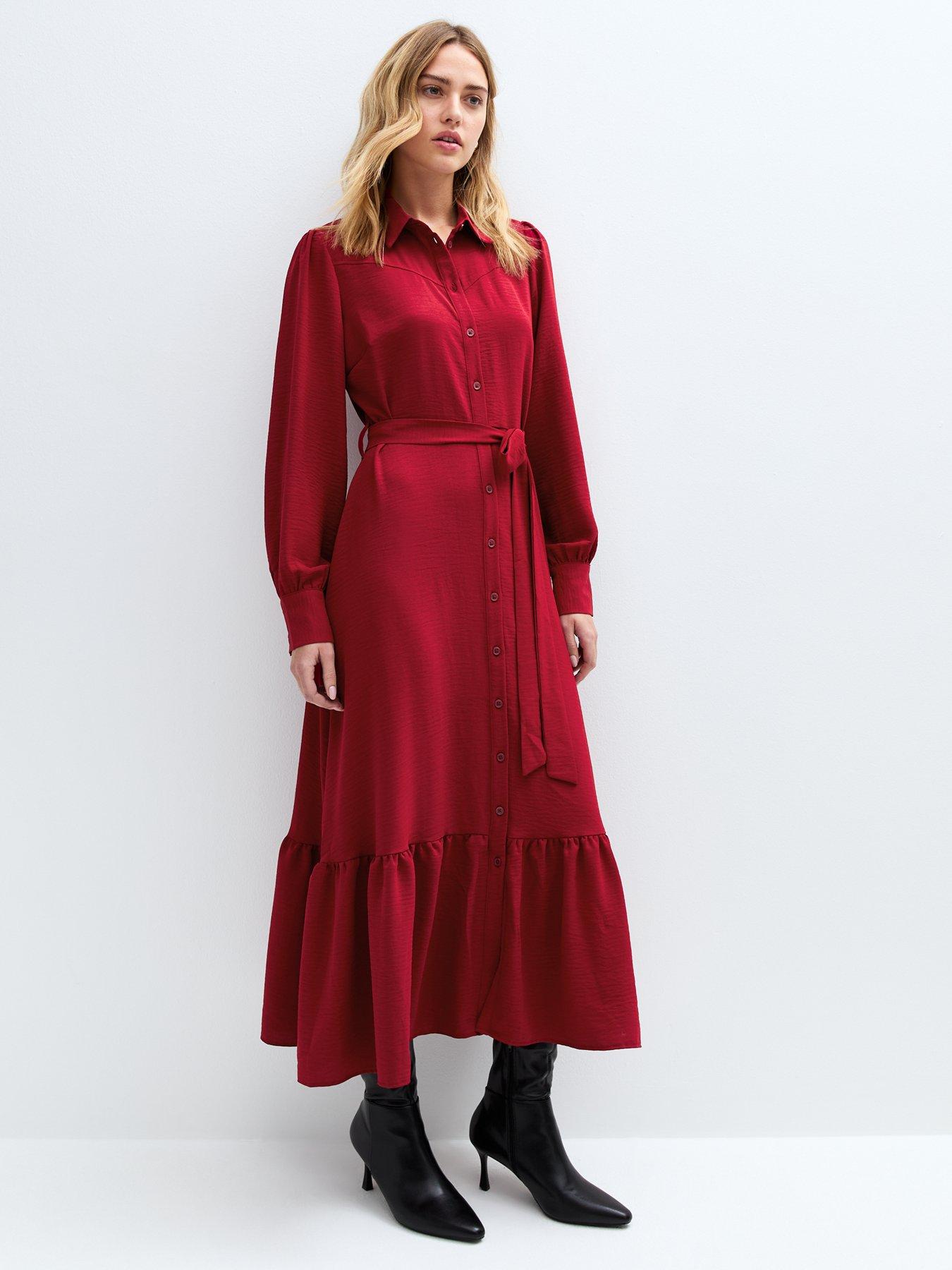 undefined Western Tie Waist Midi Shirt Dress - Red