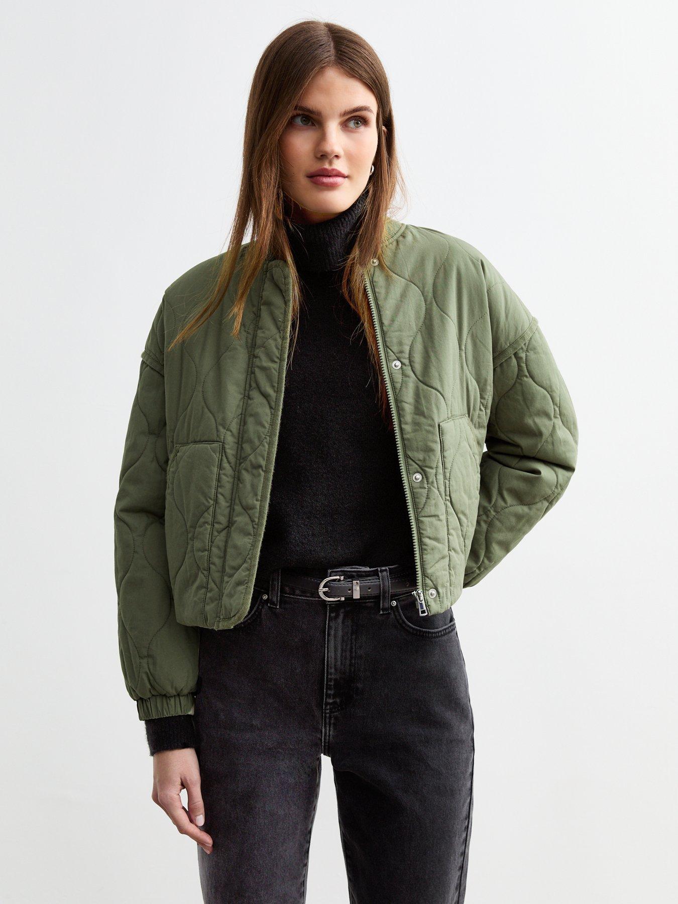 Image 1 of 4 of New Look Stitch Pattern Lightly Padded Bomber Jacket - Khaki