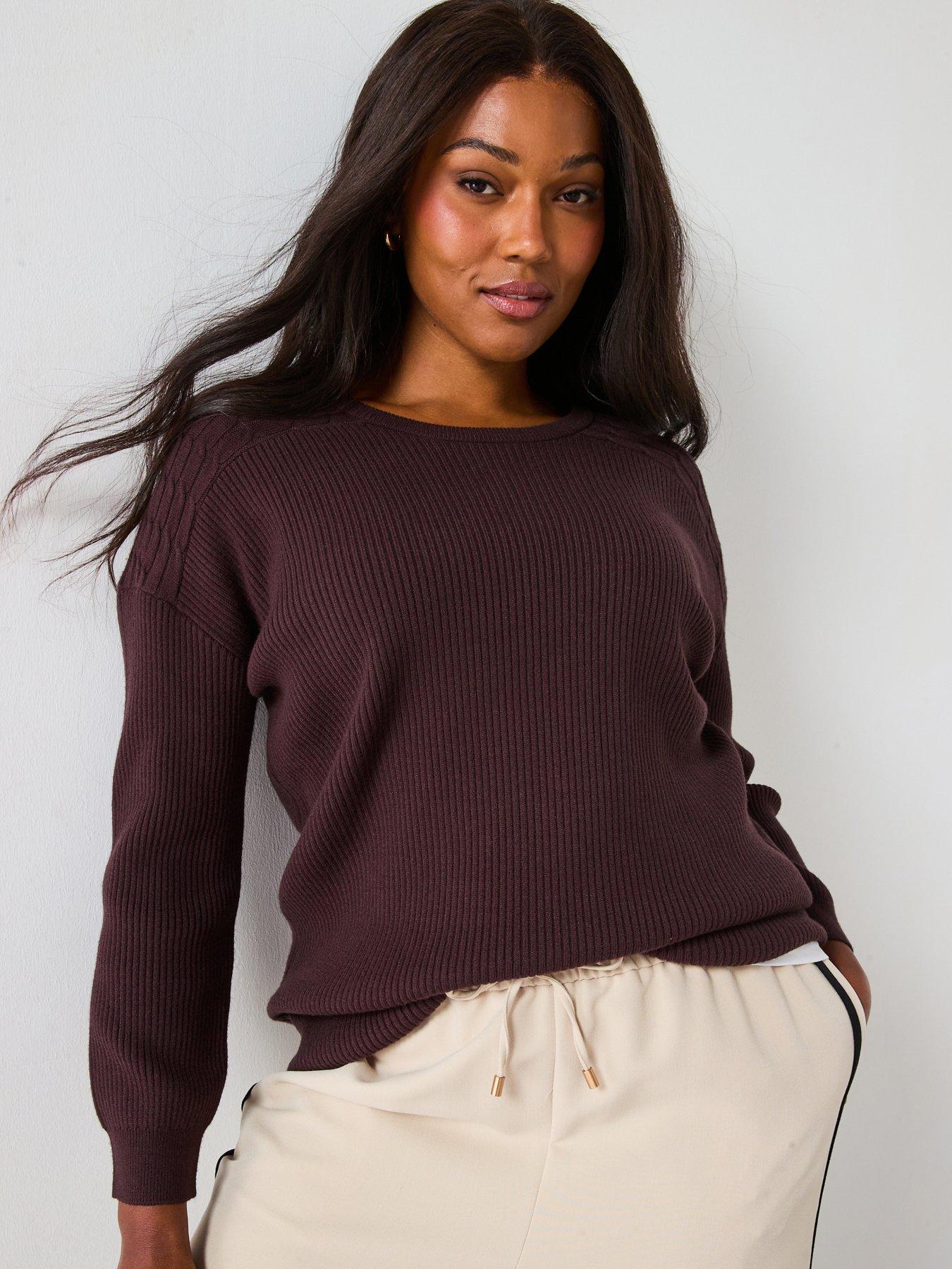 Image 1 of 6 of V by Very Curve Classic Comfort Batwing Cable Sleeve Jumper - Brown