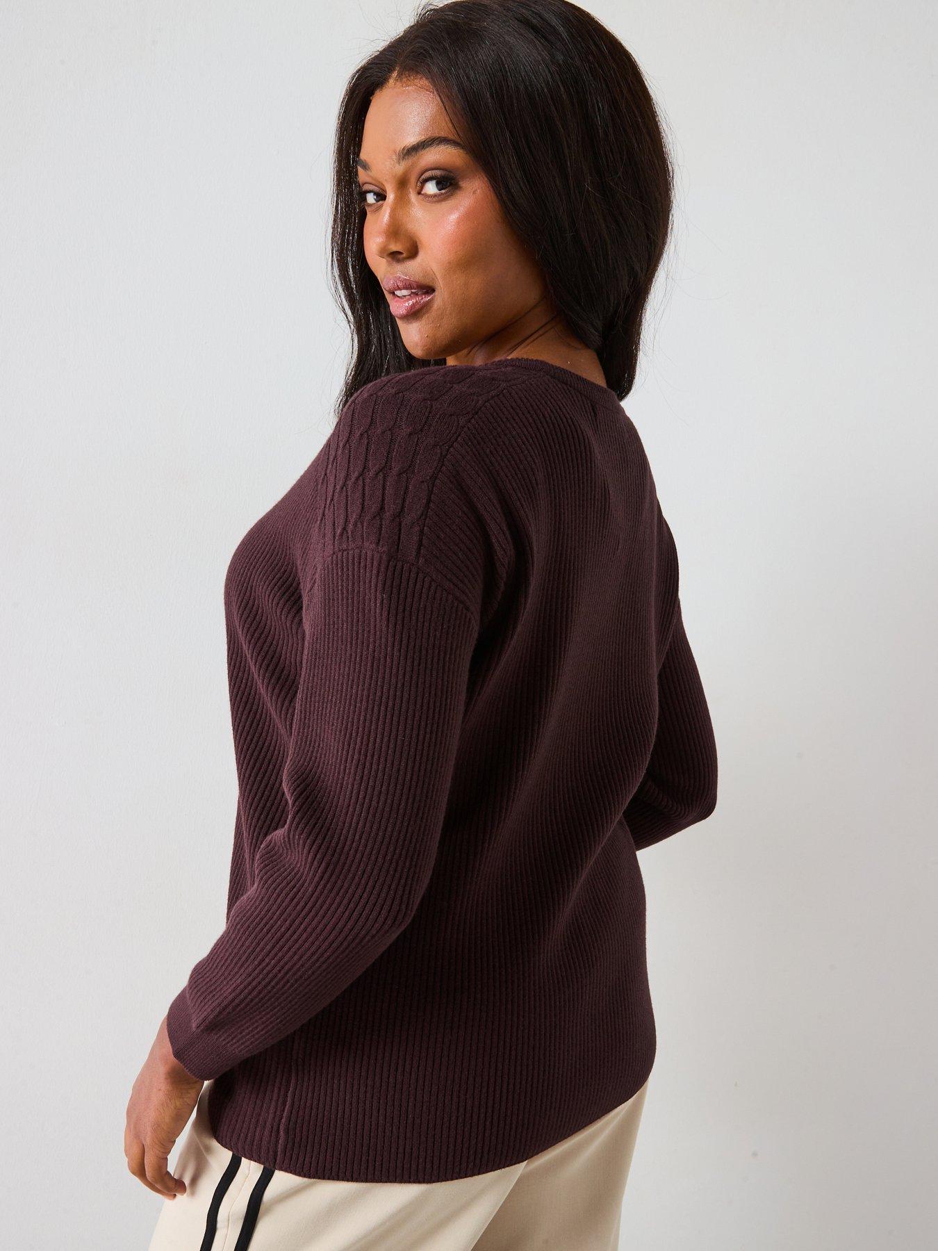 Image 2 of 6 of V by Very Curve Classic Comfort Batwing Cable Sleeve Jumper - Brown