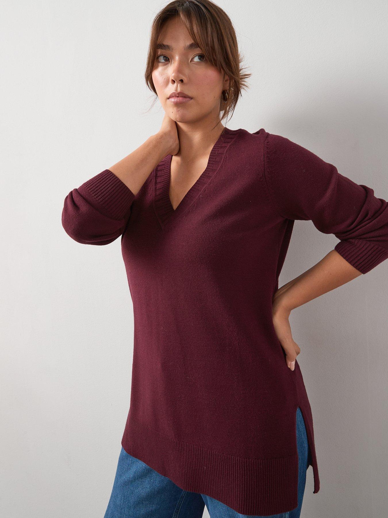 undefined V Neck Split Hem Longline Jumper - Red
