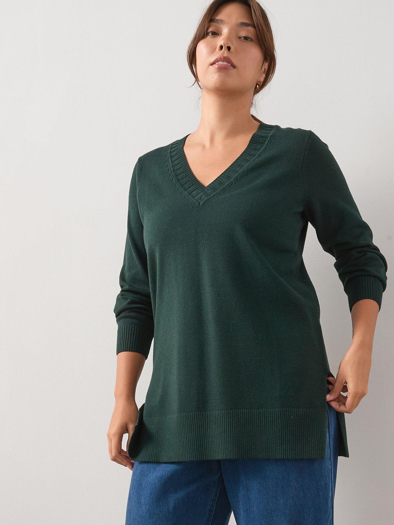 Image 1 of 6 of V by Very Curve Classic Comfort V Neck Split Hem Longline Jumper - Green