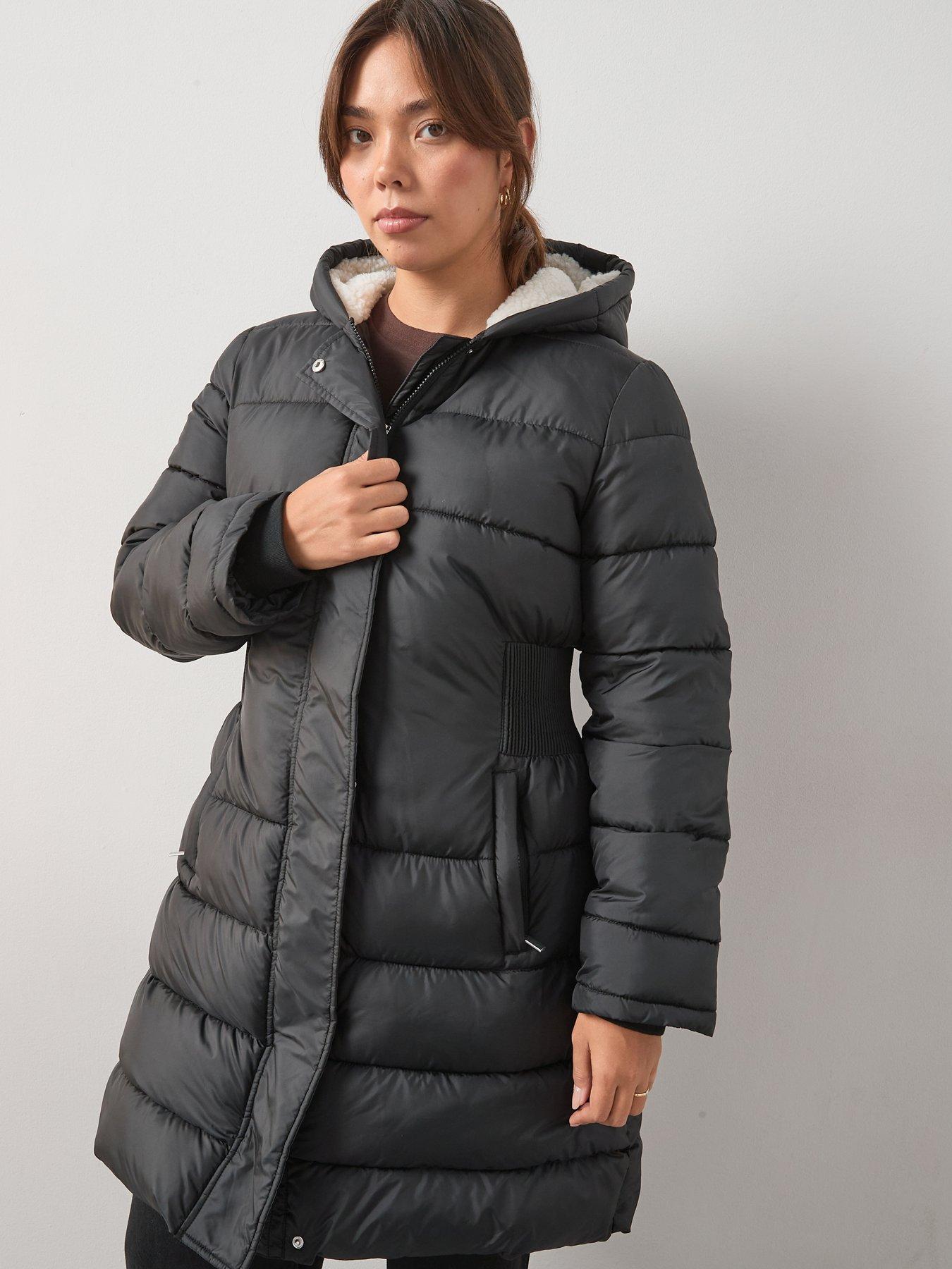 V by Very Curve Padded Waist Detail Puffer Coat - Black