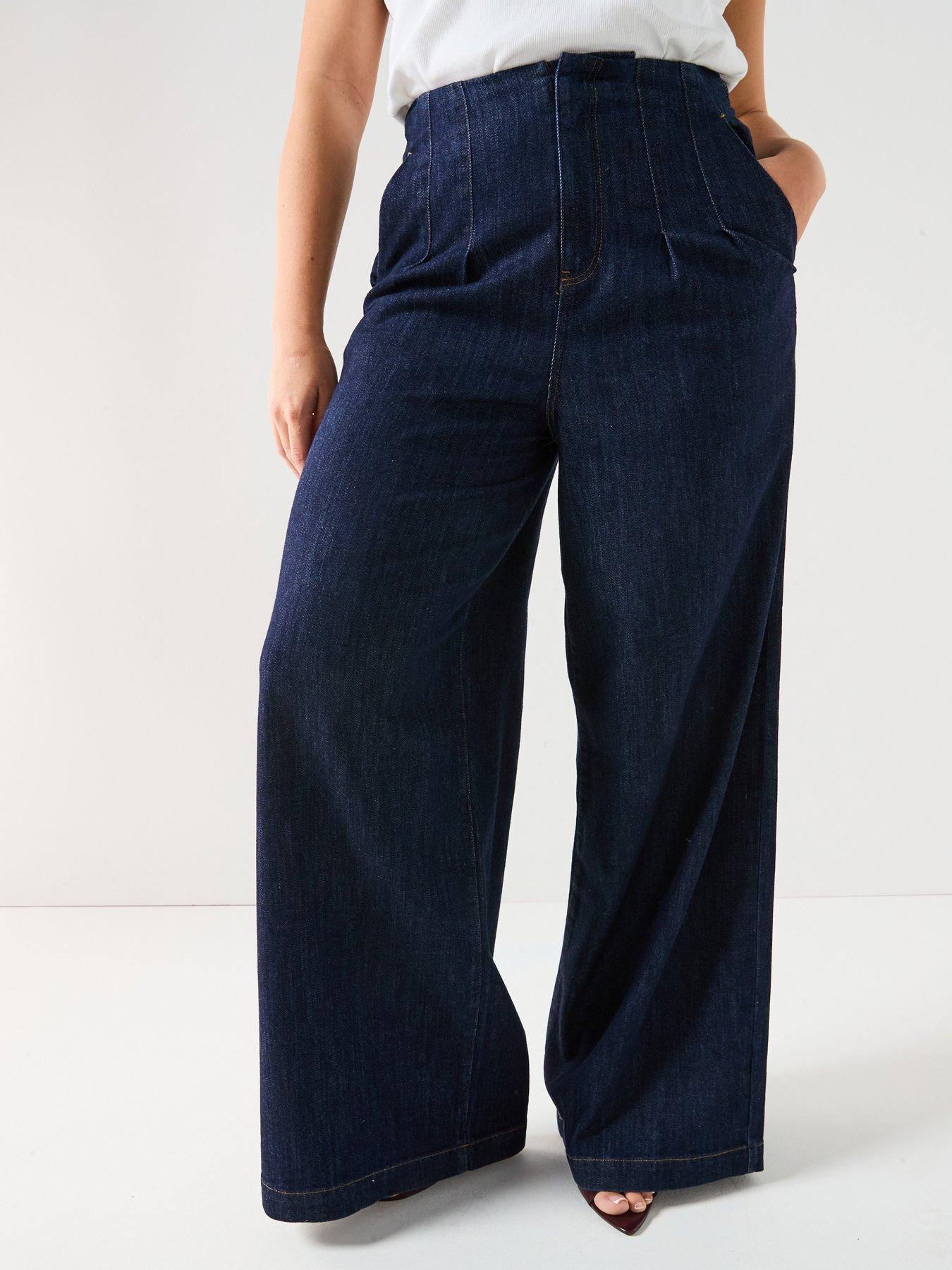 Image 1 of 5 of V by Very Curve High Waisted Wide Leg Jeans - Dark Blue