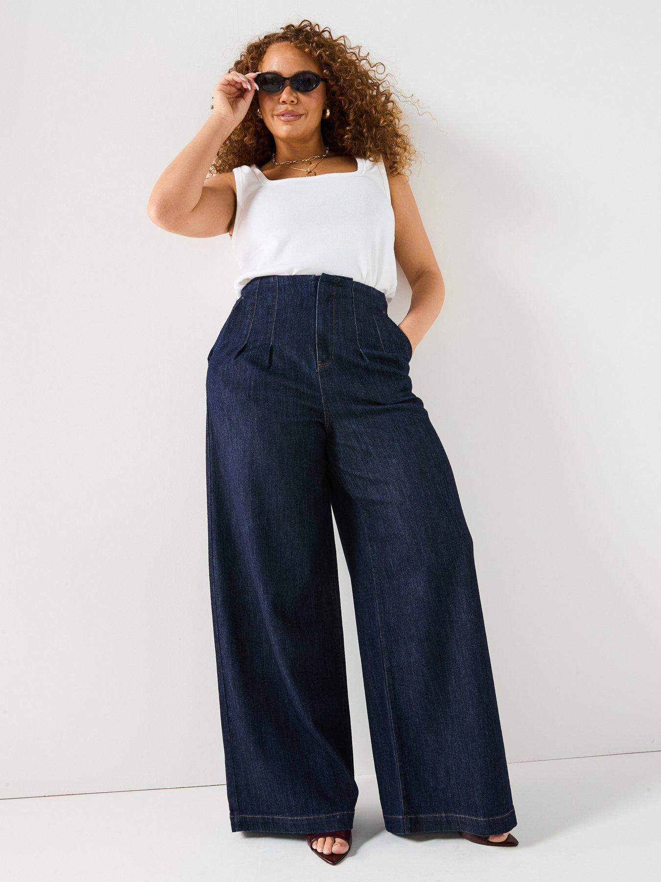 Image 5 of 5 of V by Very Curve High Waisted Wide Leg Jeans - Dark Blue