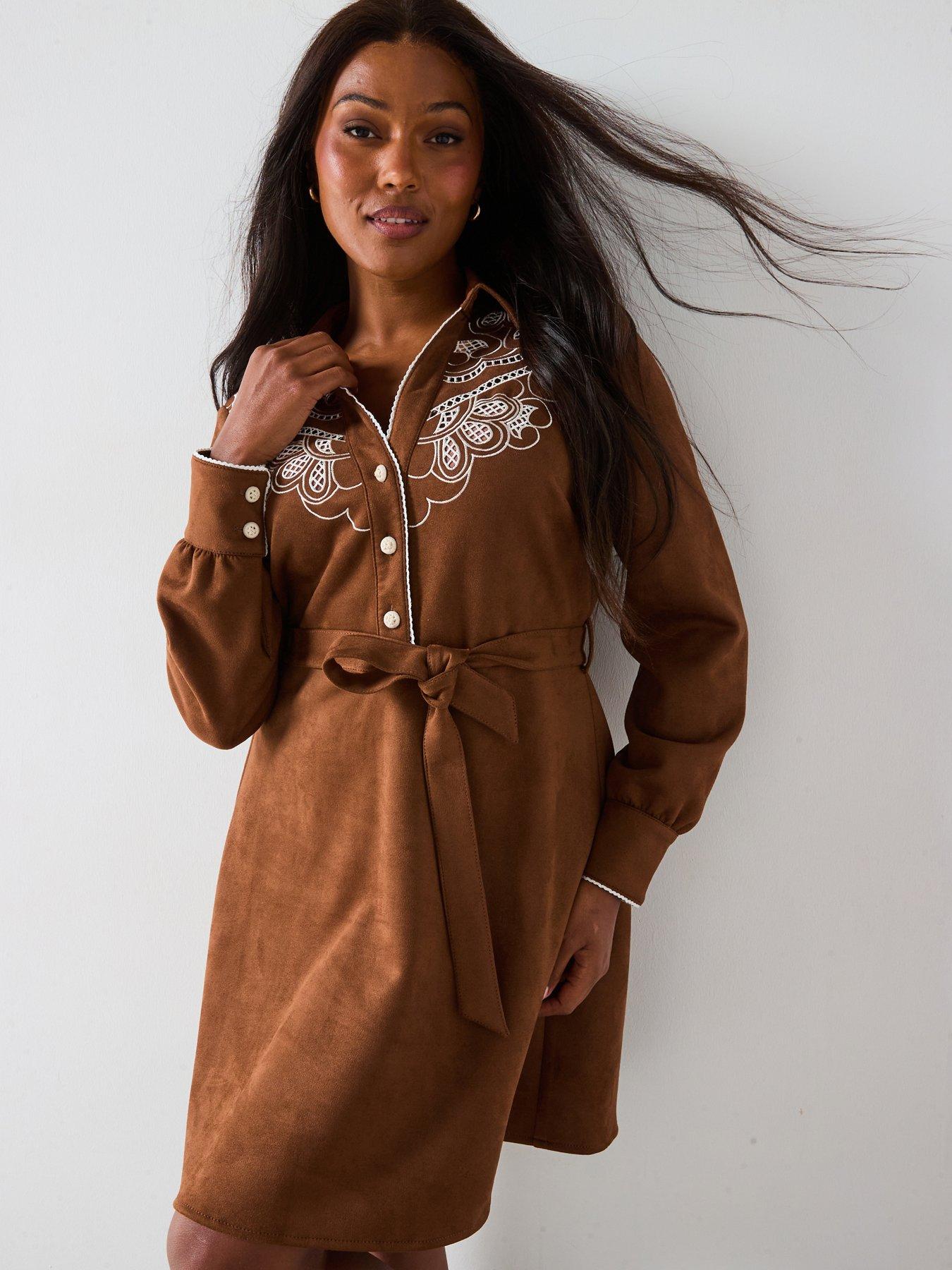 undefined Embroidered Faux Suede Mini Dress - Beige