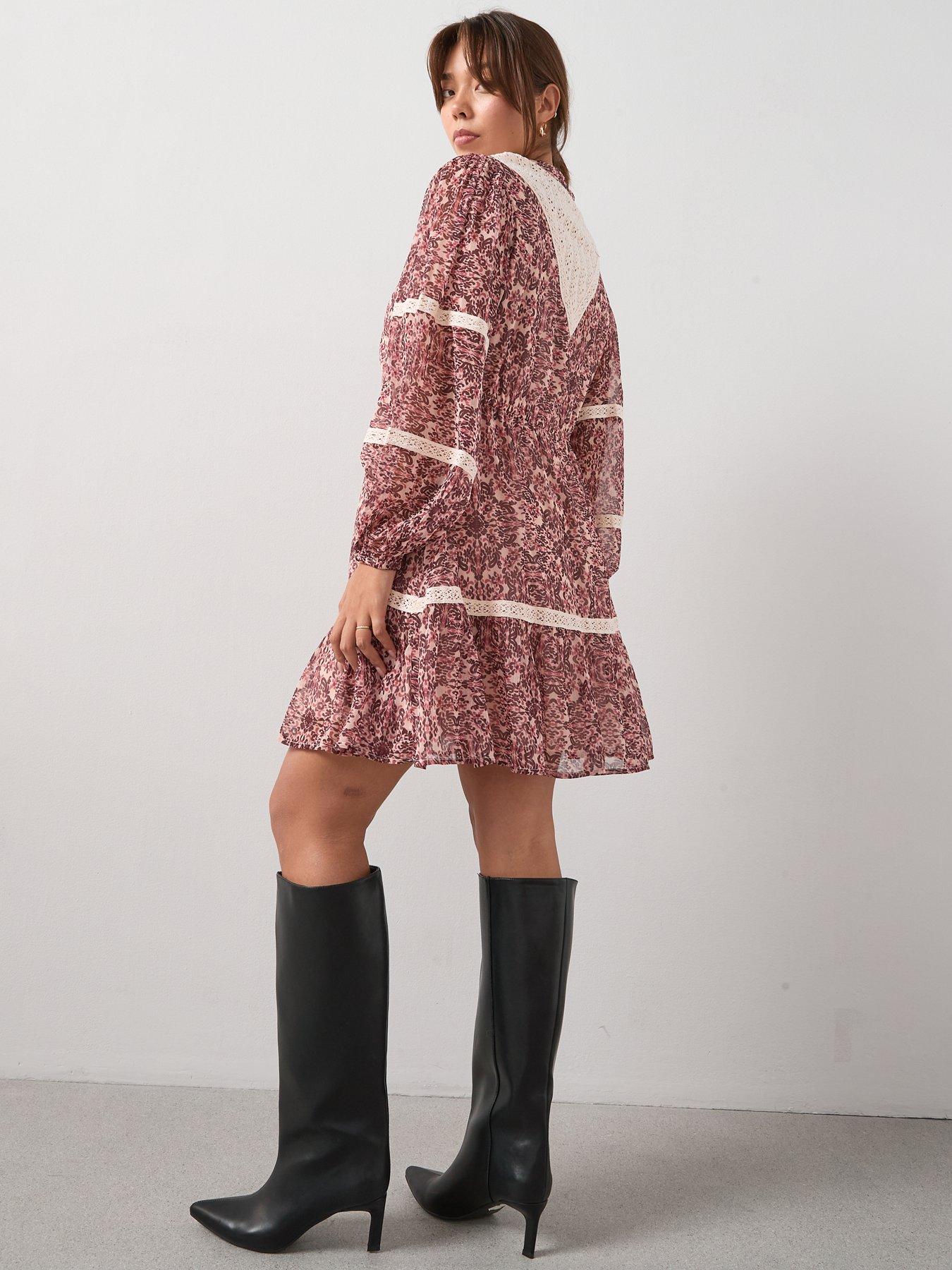 Image 2 of 6 of V by Very Curve Lace Insert Frill Mini Dress - Print