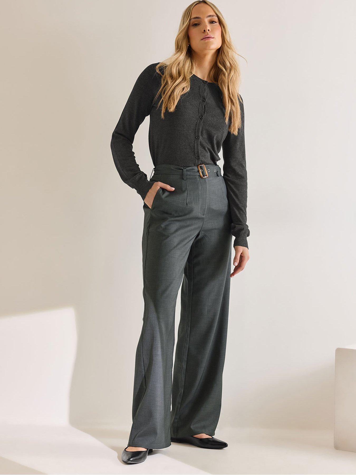 undefined Wide Leg Belted Trouser 34" - Grey