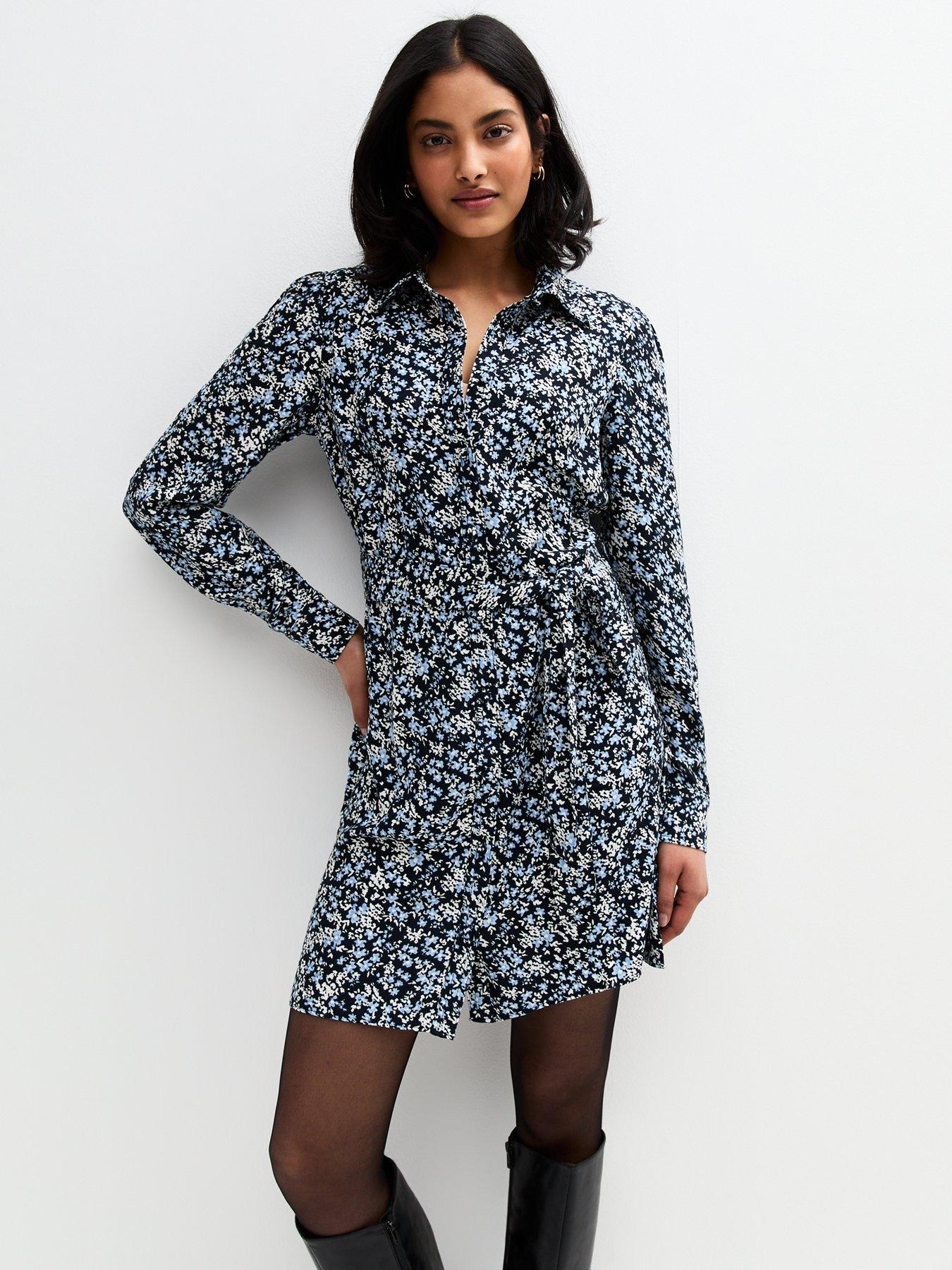  image of new-look-floral-print-mini-shirt-dress-blue
