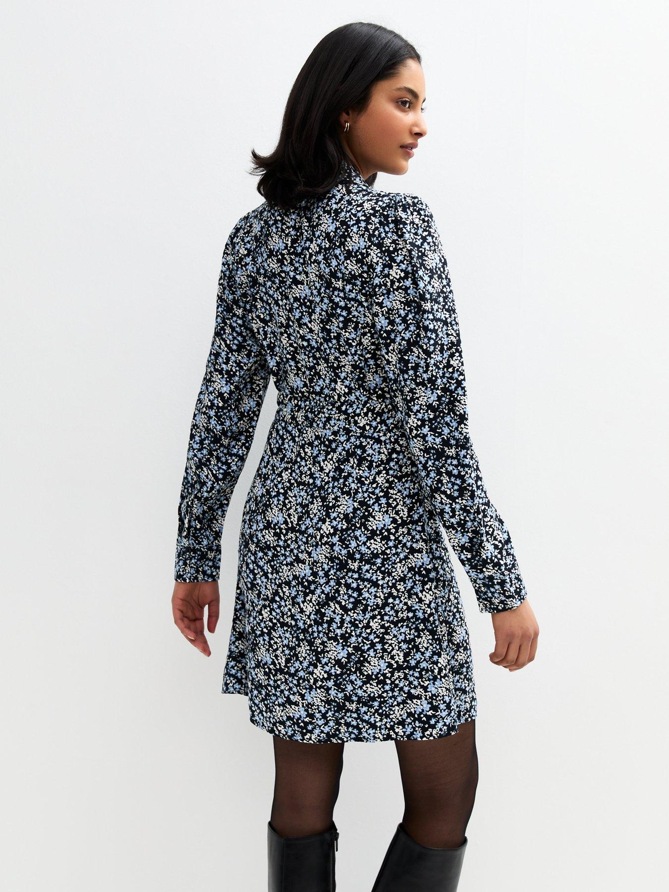  image of new-look-floral-print-mini-shirt-dress-blue