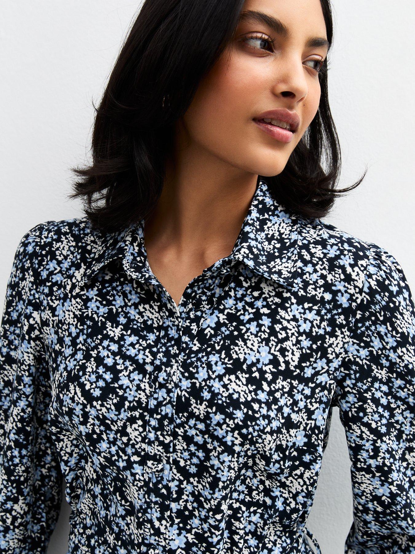  image of new-look-floral-print-mini-shirt-dress-blue
