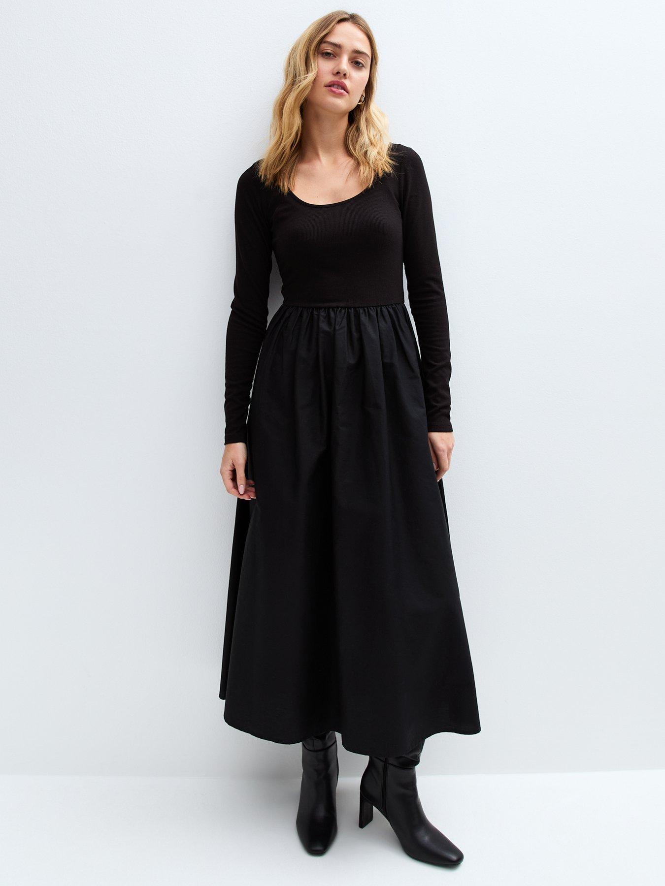 undefined Long Sleeved Poplin Midi Dress - Black