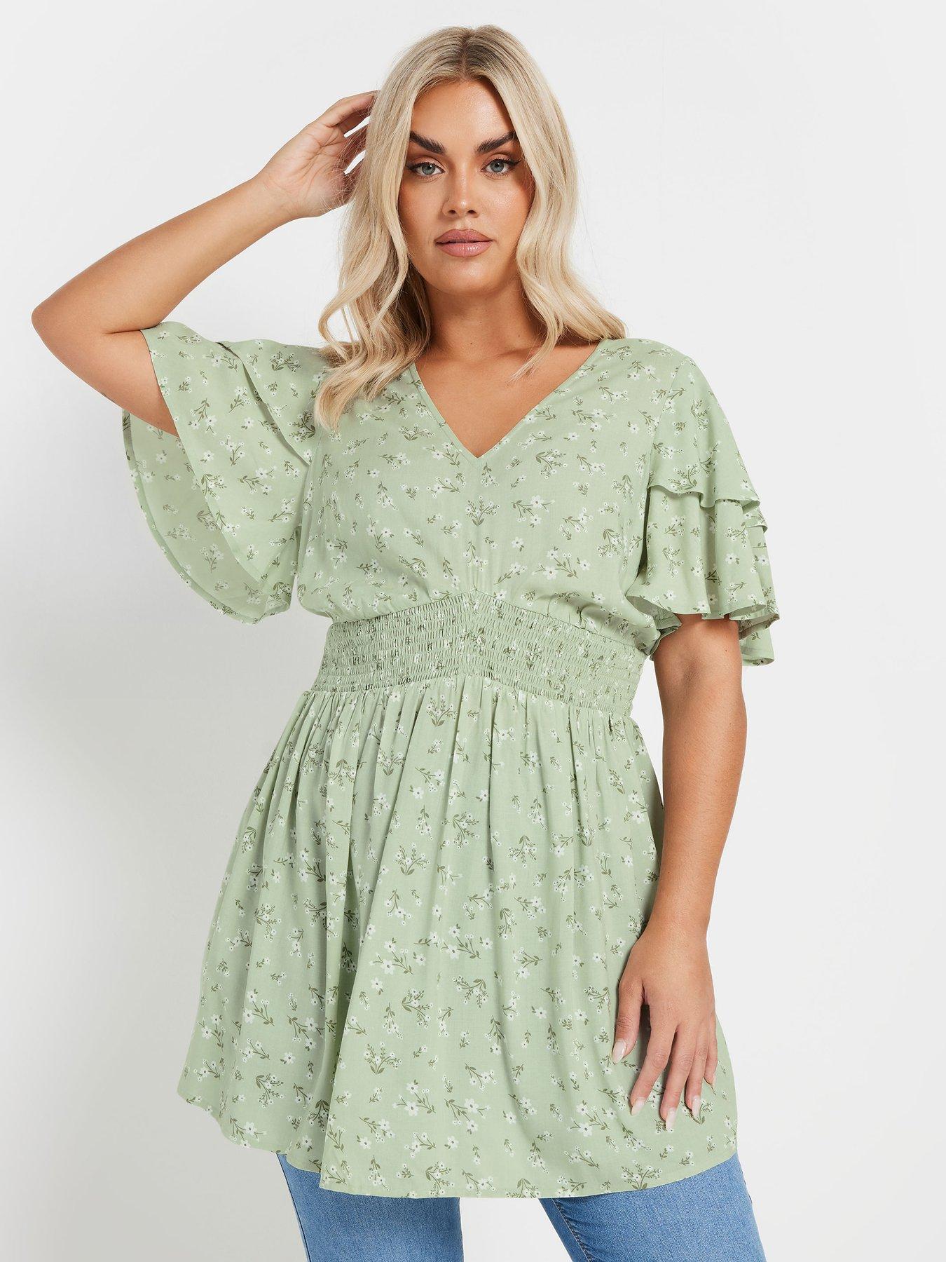 undefined Curve Flutter Sleeve Top - Green