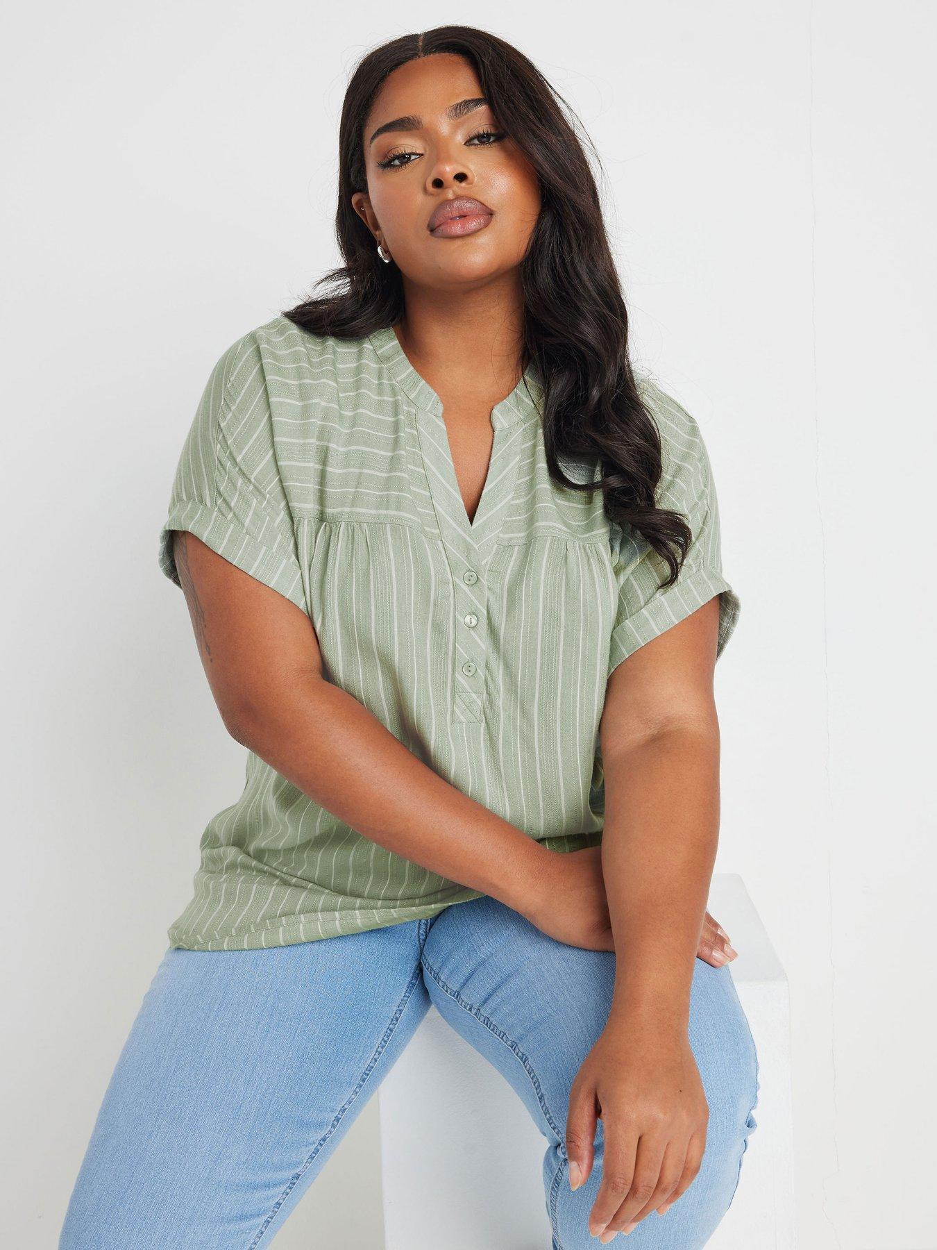 yours-curve-stripe-notch-neck-blouse-green