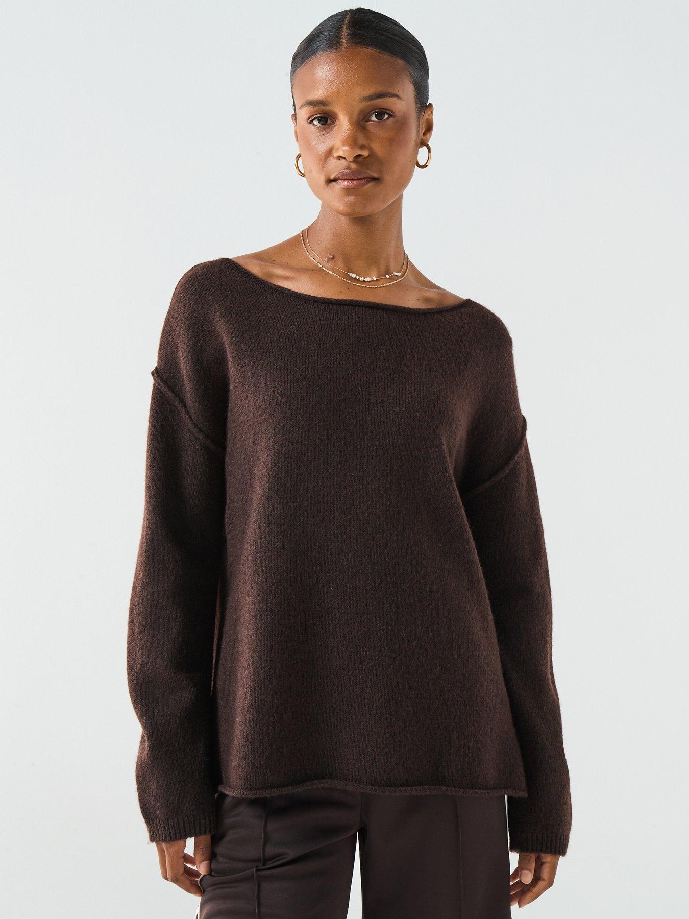 Image 1 of 6 of V by Very Timeless Yarn Off The Shoulder Knitted Jumper - Brown