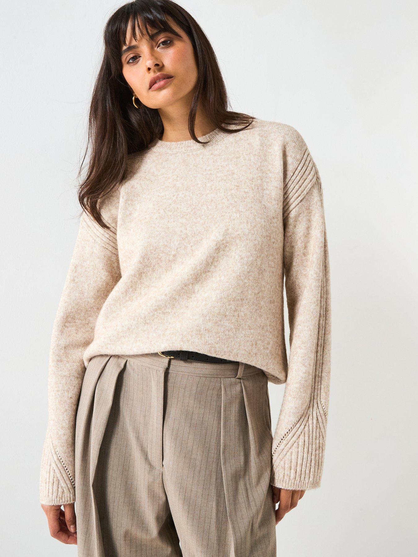 V by Very Timeless Yarn Crew Neck Rib Detail Knitted Jumper - Beige