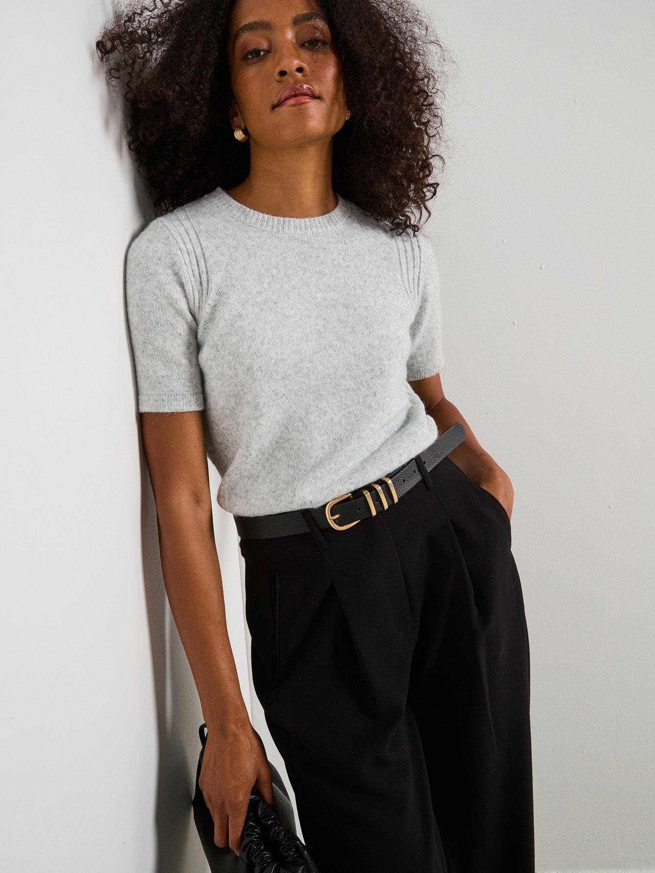 Image 1 of 6 of V by Very Timeless Yarn Crew Neck Short Sleeve Knitted Jumper - Grey