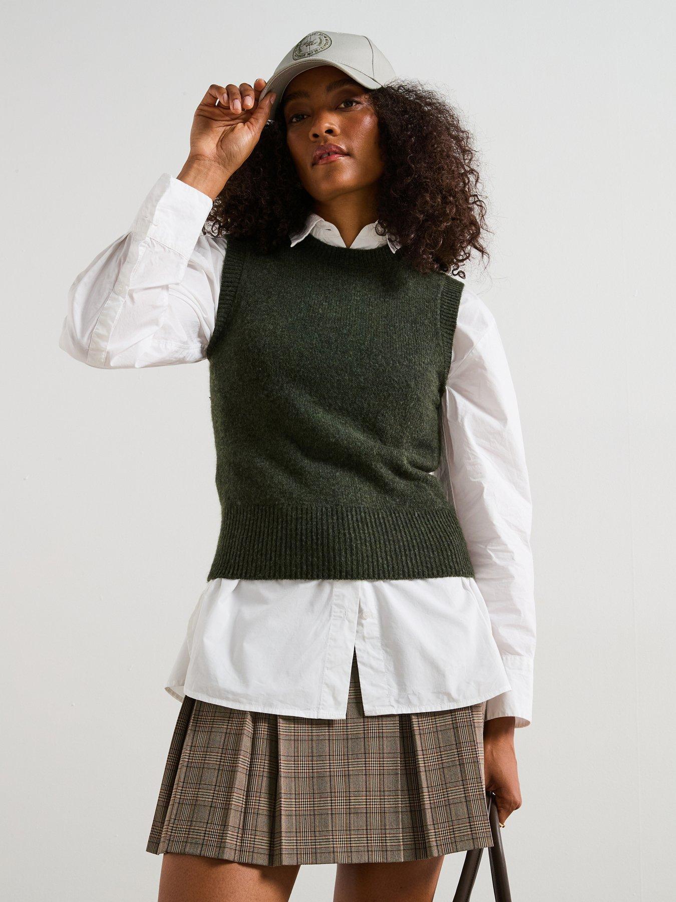 Image 1 of 6 of V by Very Timeless Yarn Crew Neck Knitted Vest - Dark Green