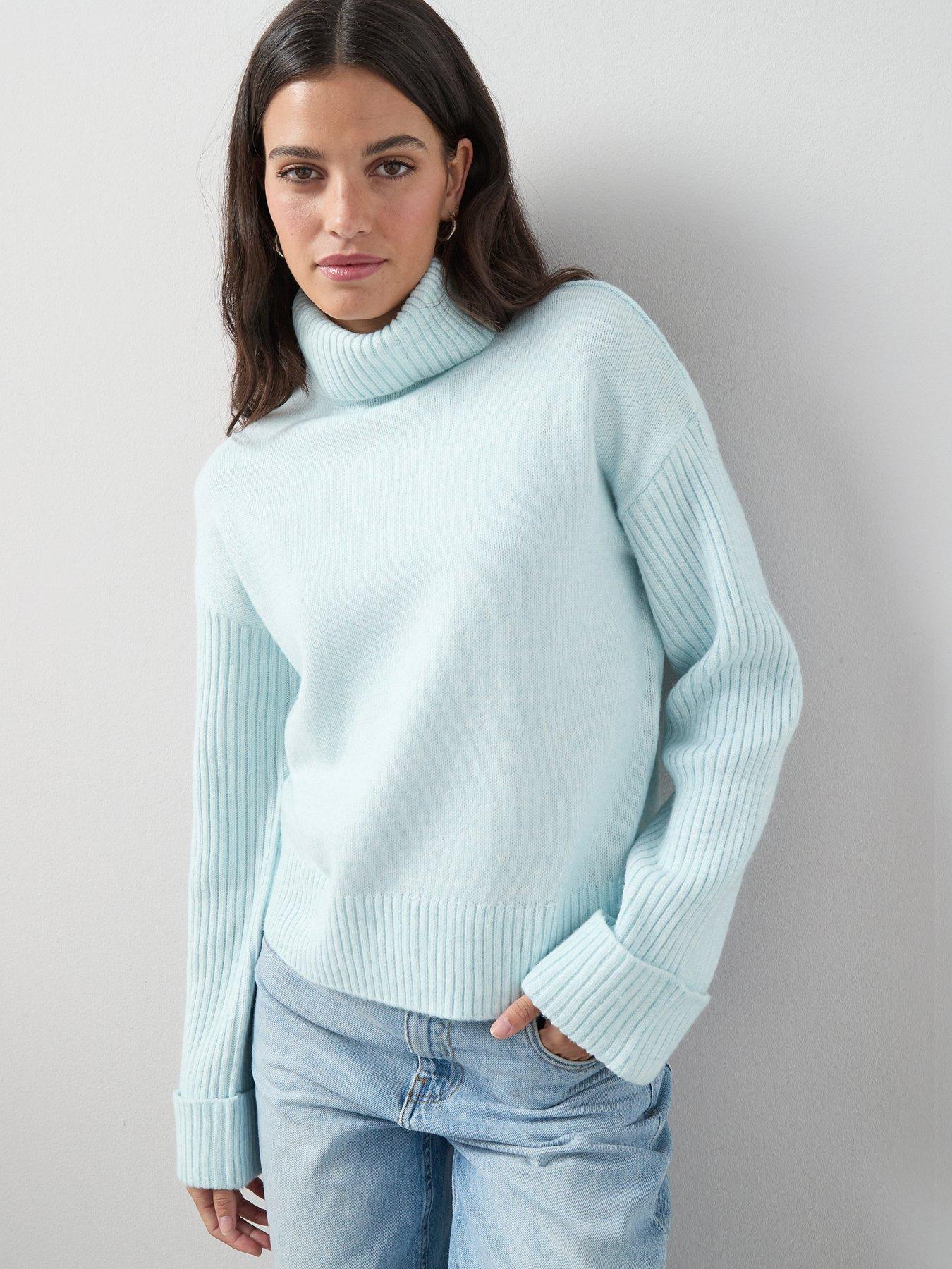 The Very Collection Timeless Yarn Roll Neck Turn Up Cuff Jumper - Light Blue